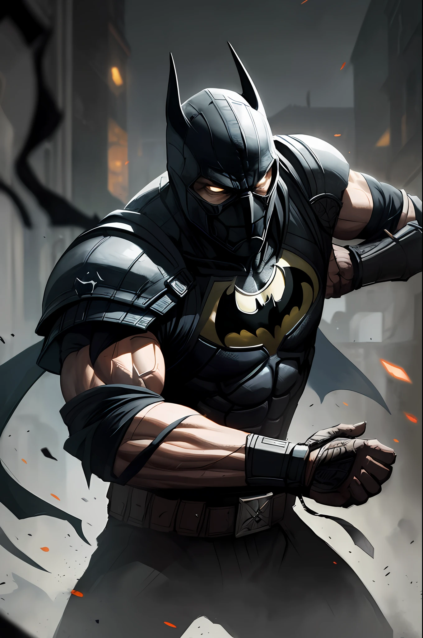 mortal kombat scorpion, detailed white eyes, bladk and gray armor, Batman mask, veins in his arm, intricate, high detail, sharp focus, dramatic and photorealistic painting art by greg rutkowski, action scene: fight from the game Mortal Kombat