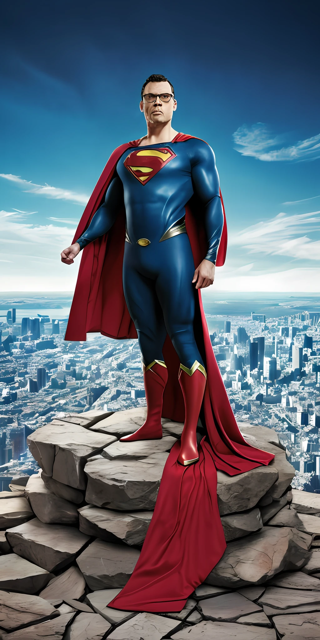 GuttonerdVision4, a 45-year-old man, wearing glasses, detailed skin, detailed face, poros, whole body in the scene, wearing Superman's uniform in the center of the image. The outfit is detailed with its 3m.its logo and red cape on its back. The outfit is from the movie "Man of steel". The man is standing in mid-air with his cloak fluttering, having the city below him blurry. The lighting is cinematic, and the scene very detailed in UHD. Photorealism is the trend of this award-winning photography.