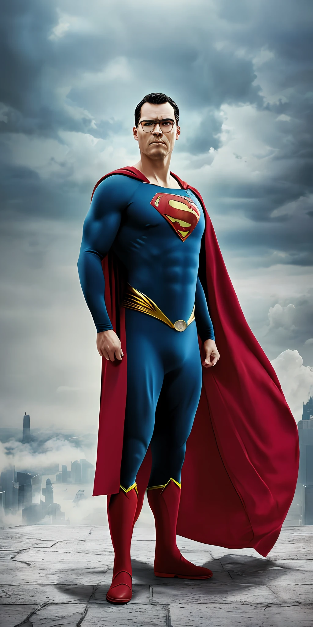 GuttonerdVision4, a 45-year-old man, wearing glasses, detailed skin, detailed face, poros, whole body in the scene, wearing Superman's uniform in the center of the image. The outfit is detailed with its 3m.its logo and red cape on its back. The outfit is from the movie "Man of steel". The man is standing in mid-air with his cloak fluttering, having the city below him blurry. The lighting is cinematic, and the scene very detailed in UHD. Photorealism is the trend of this award-winning photography.