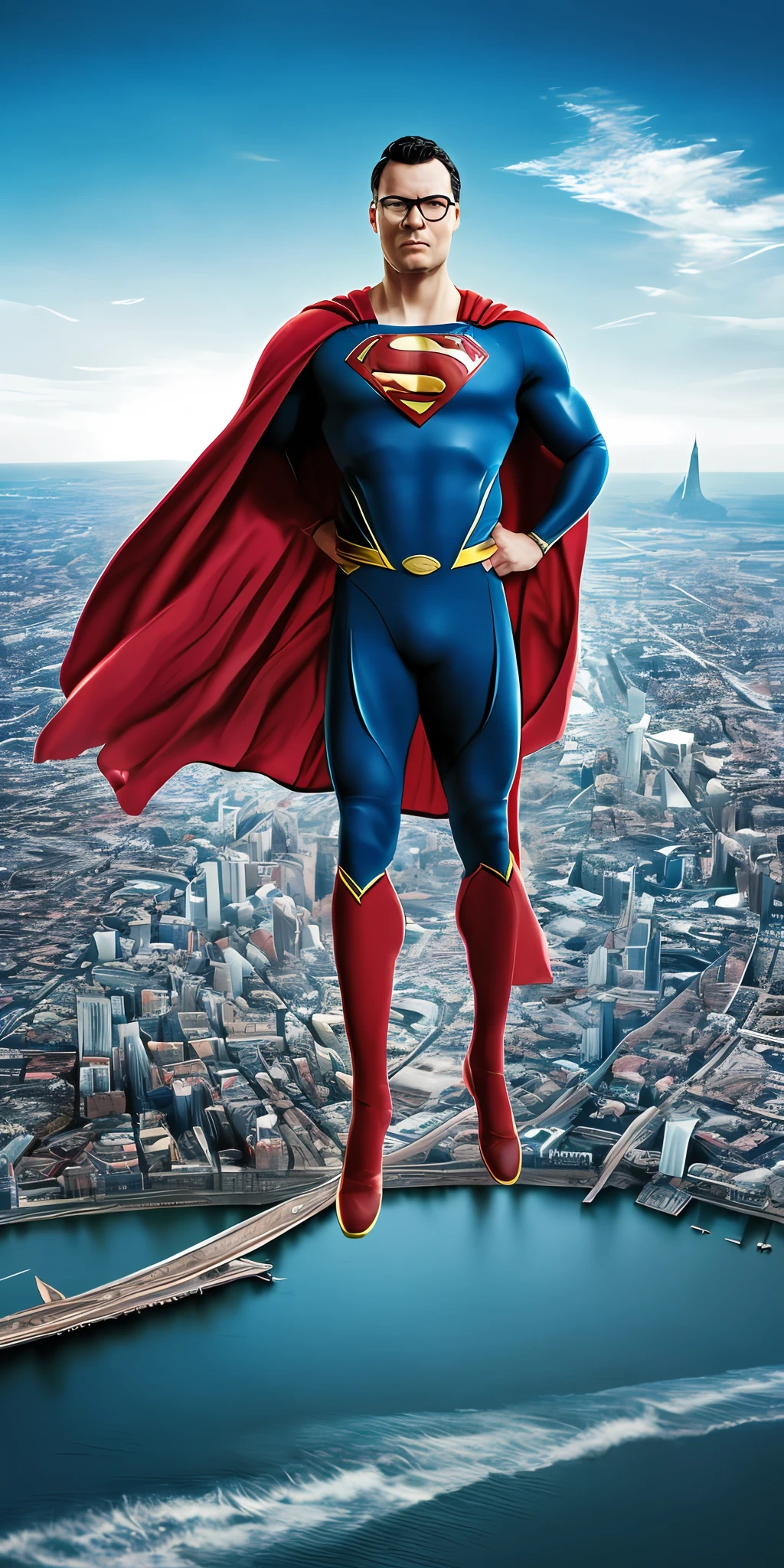 GuttonerdVision4, a 45-year-old man, wearing glasses, detailed skin, detailed face, poros, whole body in the scene, wearing Superman's uniform in the center of the image. The outfit is detailed with its 3m.its logo and red cape on its back. The outfit is from the movie "Man of steel". The man is standing in mid-air with his cloak fluttering, having the city below him blurry. The lighting is cinematic, and the scene very detailed in UHD. Photorealism is the trend of this award-winning photography.