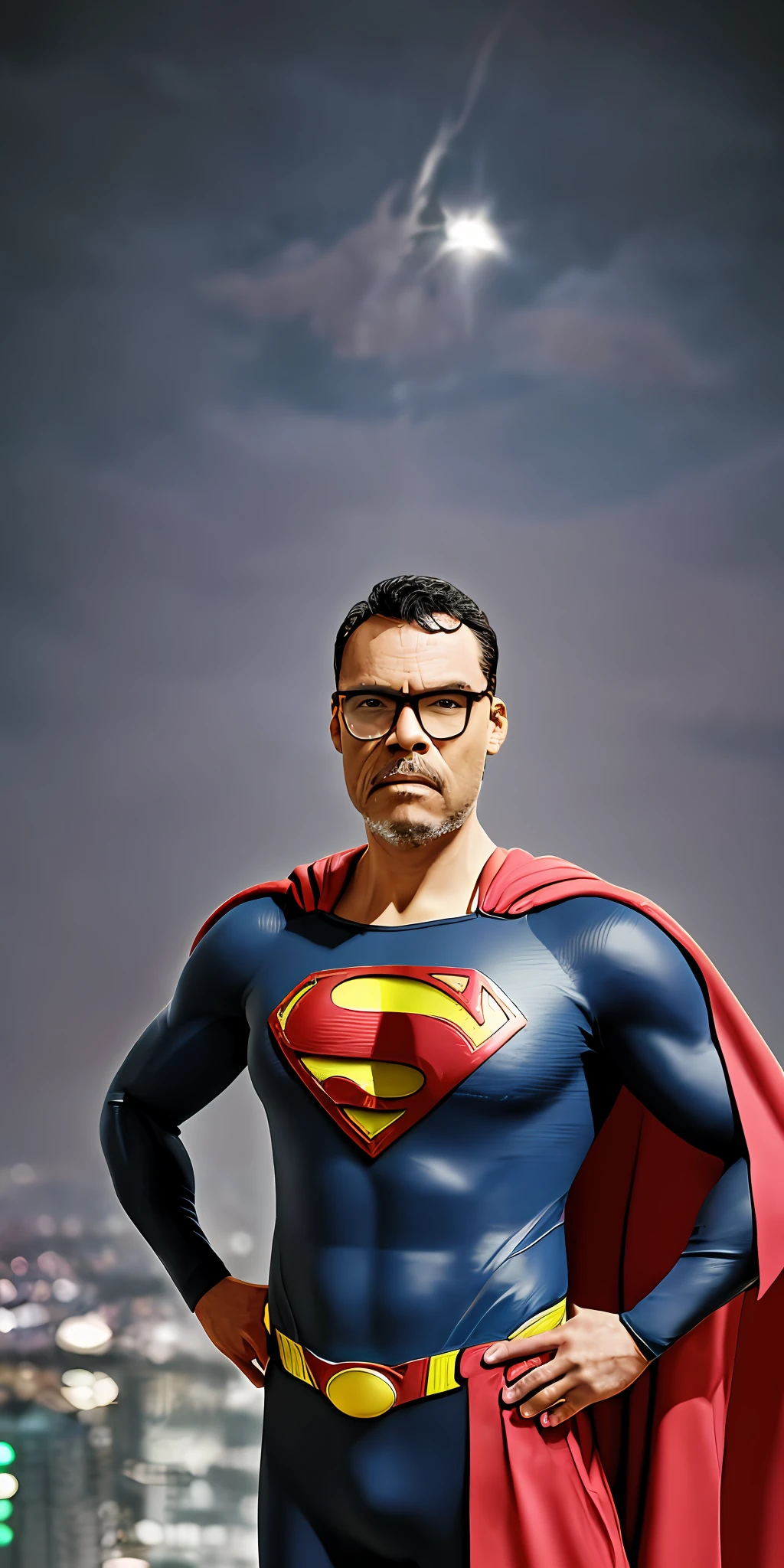 GuttonerdVision4, a 45-year-old man, wearing glasses, detailed skin, detailed face, poros, whole body in the scene, wearing Superman's uniform in the center of the image. The outfit is detailed with its 3m.its logo and red cape on its back. The outfit is from the movie "Man of steel". The man is standing in mid-air with his cloak fluttering, having the city below him blurry. The lighting is cinematic, and the scene very detailed in UHD. Photorealism is the trend of this award-winning photography.