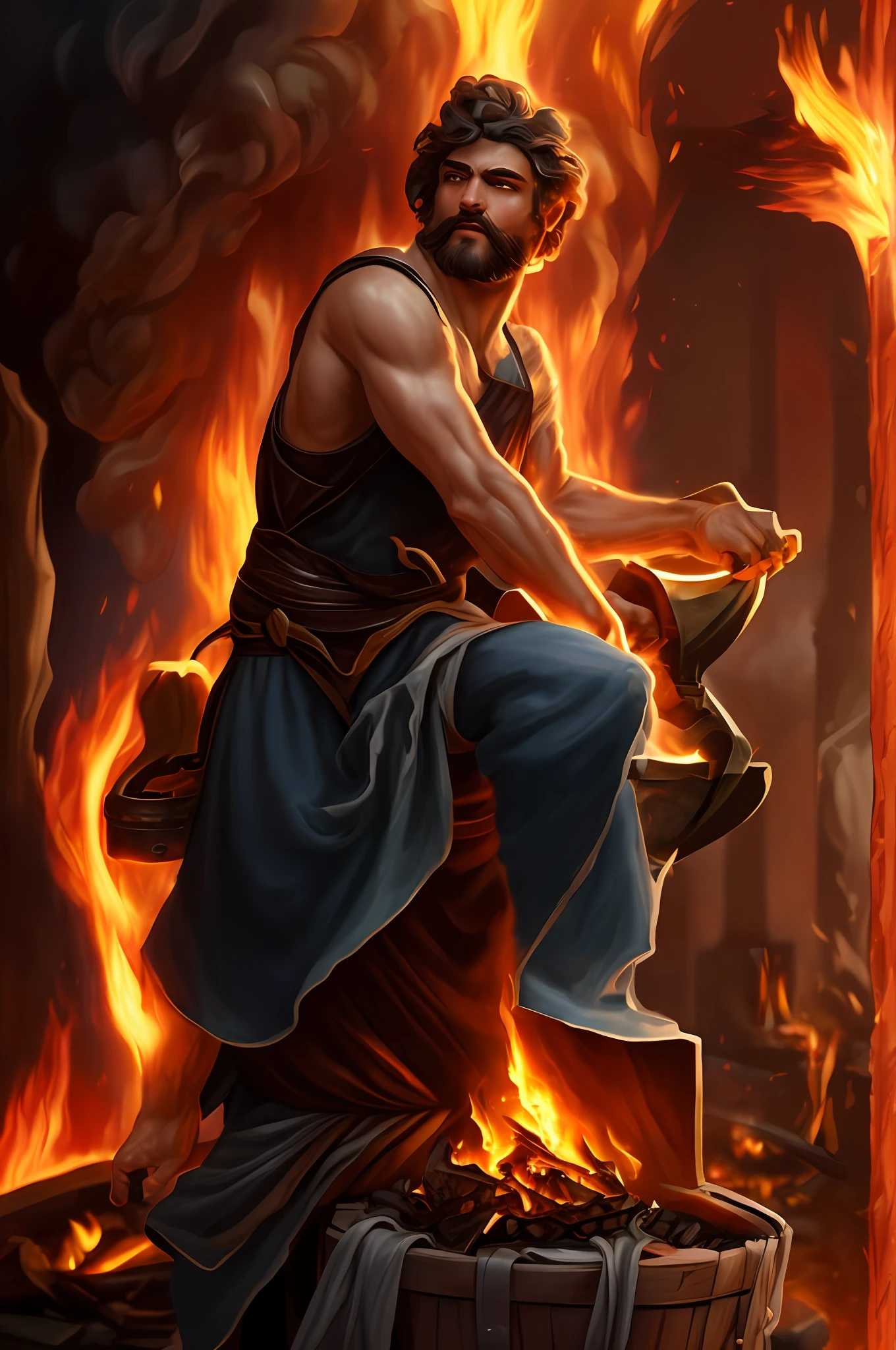 Hephaestus, Greek god, god of fire and craftsmanship, skilled and industrious, rugged and bearded, with brown hair, dressed in a blacksmith's apron and leather attire, holding a hammer and tongs, standing in a blazing forge, surrounded by roaring flames and intricate metalwork, showcasing his mastery of the forge and his creations, intricate, elegant, highly detailed, digital painting, art by artgerm and artstation, masterpiece, one person only, extremely detailed, human skin, alive, detailed background, full body, forge, flames, metalwork, best quality