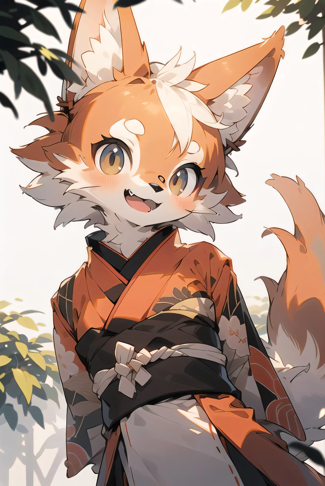 depth of field, perfect lighting, light particles,(best quality),(masterpiece),(ultra detailed),sharp focus,light particles, niji, eyesgod, blush, brown_eyes, looking_at_viewer, smile, solo, furry, animal_ear_fluff, open_clothes, arms behind back, upper body, tail, kimono, japanese clothes, sunlight, tree, open mouth, from below, arms behind back,