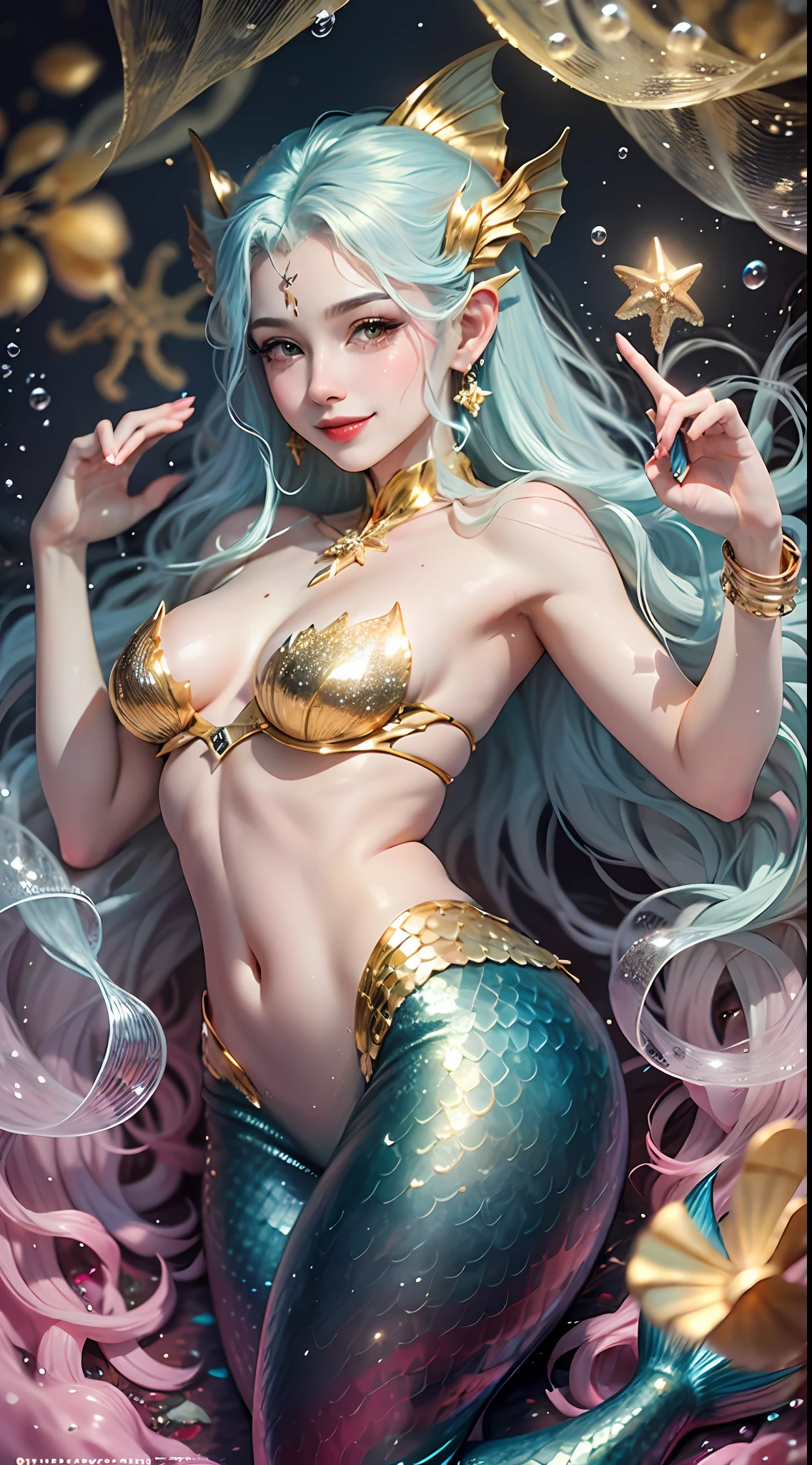 realistness,Wonders of the deep sea,The movie character Mermaid is covered in brilliant golden scales,Glittering,The ears are slender and delicate,Colorful bubbles,Structured,Full of special effects,Distinctive features,charming smile,complete fingers,24k,moist skin,Pose for the camera
