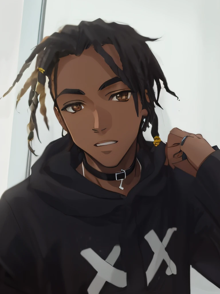 anime boy, black, dark skin, with dreadlocks, curly hair, half blonde half black dreadlocks, brown eyes, wearing black coat, wearing collar