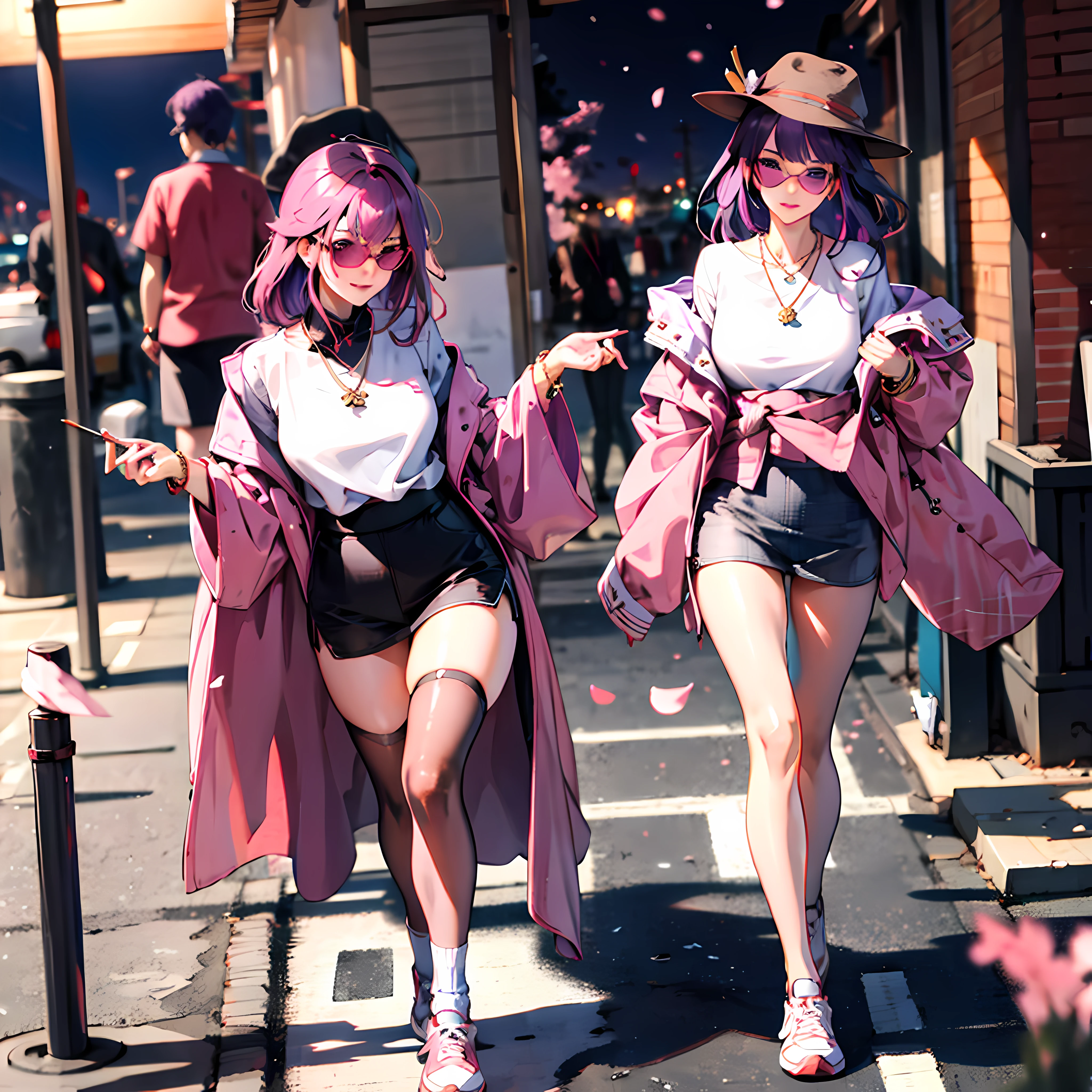 masterpiece, best quality, photorealistic, outdoors, cherry blossoms, night, blurry background, sunlight, depth of field, beautiful lighting, cinematic lighting, street, city lights, falling petals, falling sakura leaves, breeze, wind,
AND yae miko, pink hair, pink eyes, teasing, smug, smirk, head tilted, knee up, necklace, cap, bracelet, skirt, (pencil skirt:1.2), thighhighs, blouse, looking at viewer, sunglasses, stylish hat, glossy skin, walking, sneakers
AND raiden shogun, purple hair, purple eyes, serious, blush, looking at viewer, single braid, shirt, tucked in, necklace, denim, short shorts, sneakers, socks, shirt, long sleeves, long hair, crossed legs, sunglasses, (stylish hat:1.2), glossy skin, walking