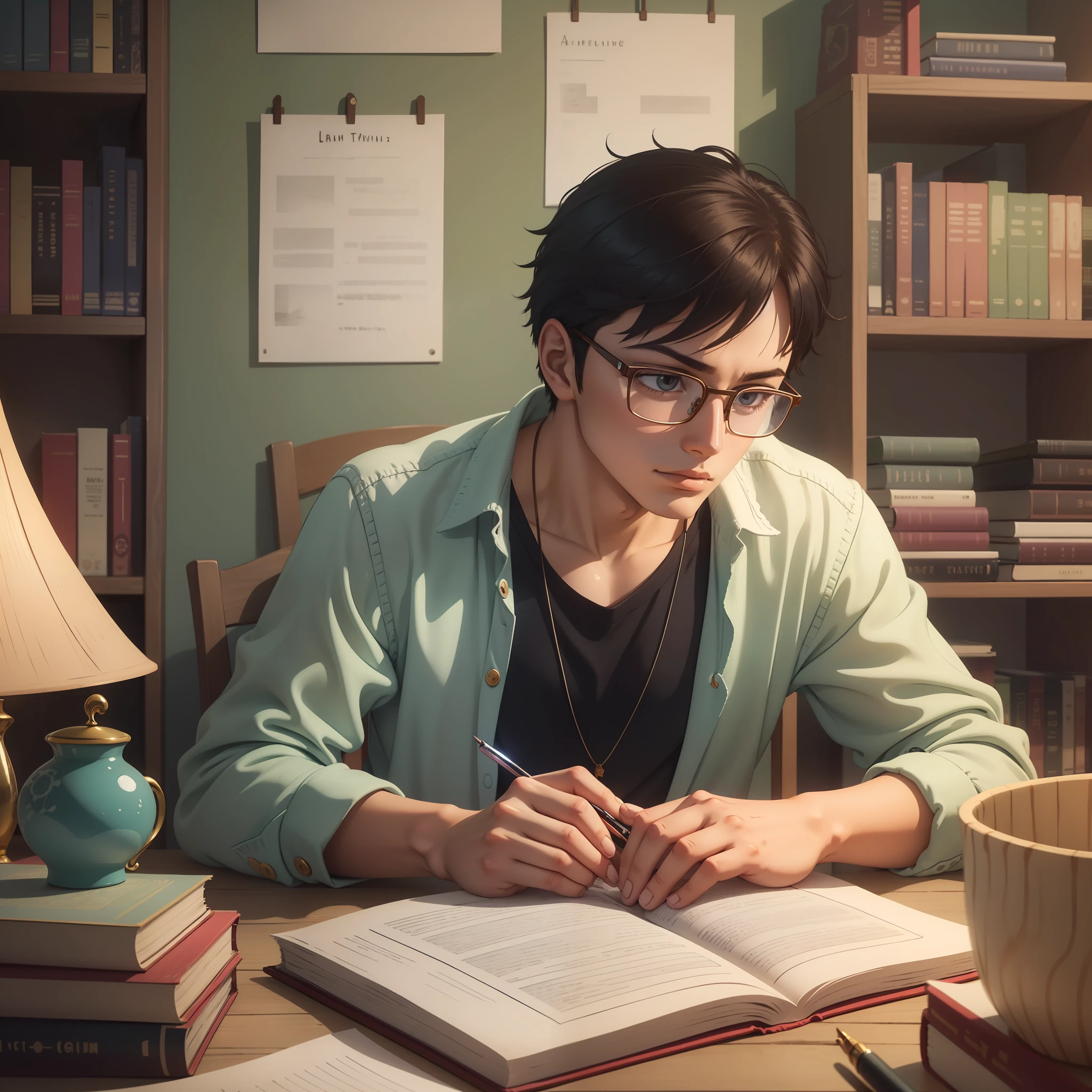 In a relaxed room at night, a 16- to 18-year-old student studies in style. He wears glasses, displaying confidence and calm. The atmosphere is cozy, with relaxed décor. The books are organized as he focuses with determination. The animated image conveys the serenity of the moment, with soft colors and subtle movements. This high-quality depiction depicts a young student, dedicated and quiet, enjoying the study in his relaxed room.