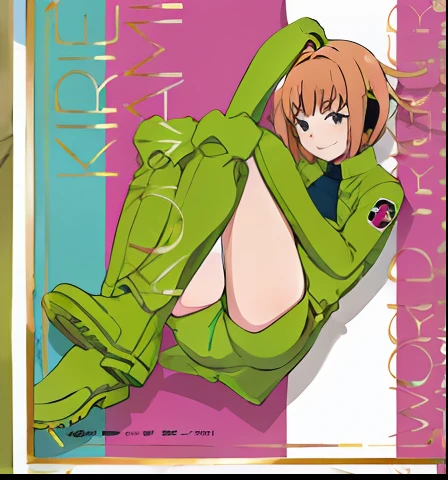 a close up of a person laying on a bed with a green jacket, アニメ, kyoani, kinmoza!, けもの, rin, sakura kinomoto, sayori, iwakura lain, anime”, anime cover, chiho aoshima color scheme, kinu nishimura, lain iwakura