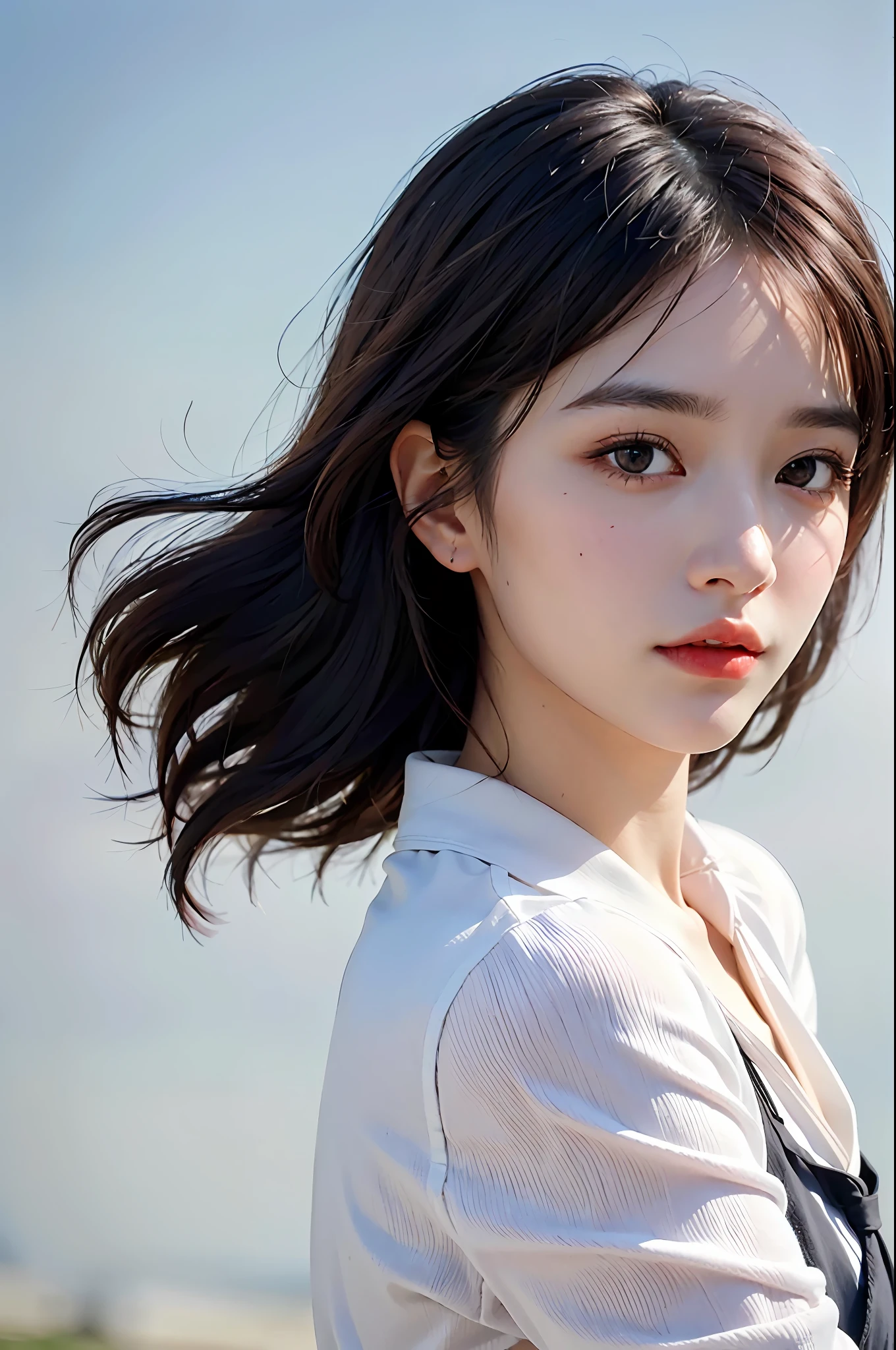 (Masterpiece: 1.3), (8k, Photorealistic, RAW Photo, Best Quality: 1.4), (1girl), Shallow depth of field, Face in focus, Soft focus, Beautiful face, (Backlight: 1.5), (Ambient: 1.3), (Realistic Face), (Black hair, Medium Short: 1.3), Hair with gentle waves, Hair that flutters and spreads in the wind, Short bangs, realistic eyes, dark brown pupils, highlights in pupils, beautiful detail eyes, (realistic skin), beautiful skin, (blouse with white collar), nothing blue-gray background, absurdity, attractive, ultra high resolution, ultra realistic, high definition, golden ratio