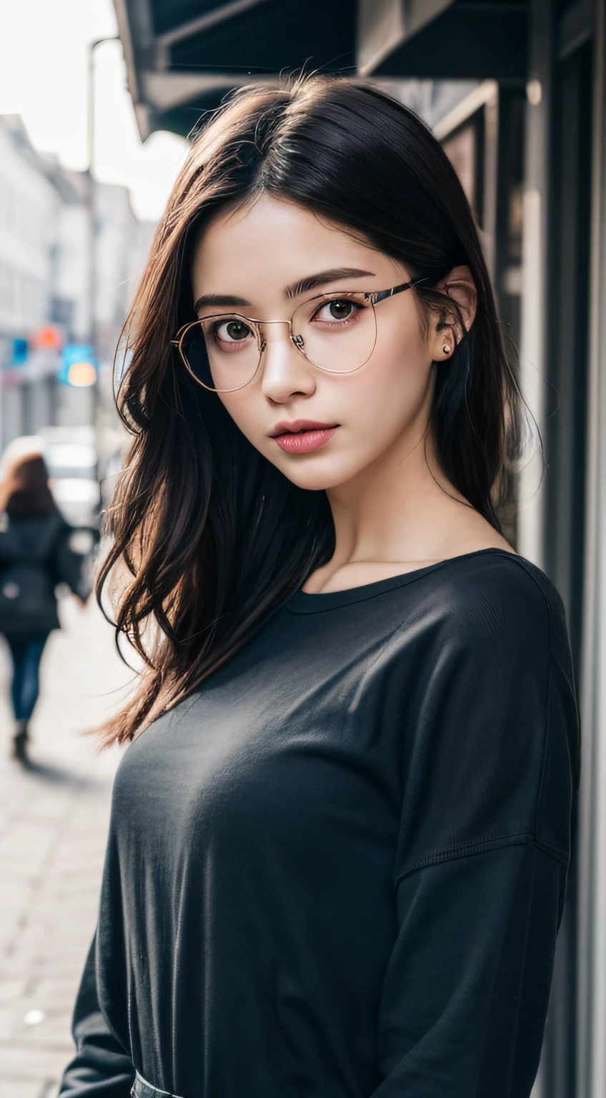 (RAW photo, best quality), (realistic, photo-realistic:1.3), extremely delicate and beautiful, Amazing, finely detail, masterpiece, ultra-detailed, highres, (best shadow),
sharp focus, volumetric fog, 8k UHD, DSLR, high quality, Fujifilm XT3,
a woman wearing glasses and a blue top posing for a picture in the street with her hand on her head, glasses, a picture, aestheticism