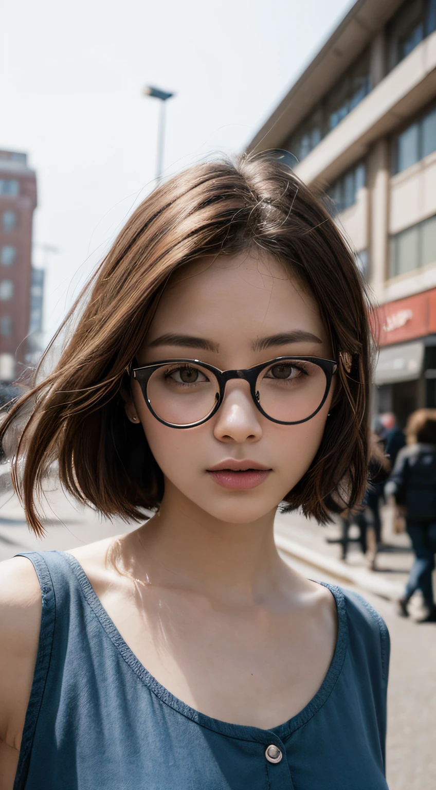 (RAW photo, best quality), (realistic, photo-realistic:1.3), extremely delicate and beautiful, Amazing, finely detail, masterpiece, ultra-detailed, highres, (best shadow),
sharp focus, volumetric fog, 8k UHD, DSLR, high quality, Fujifilm XT3,
a woman wearing glasses and a blue top posing for a picture in the street with her hand on her head, glasses, a picture, aestheticism