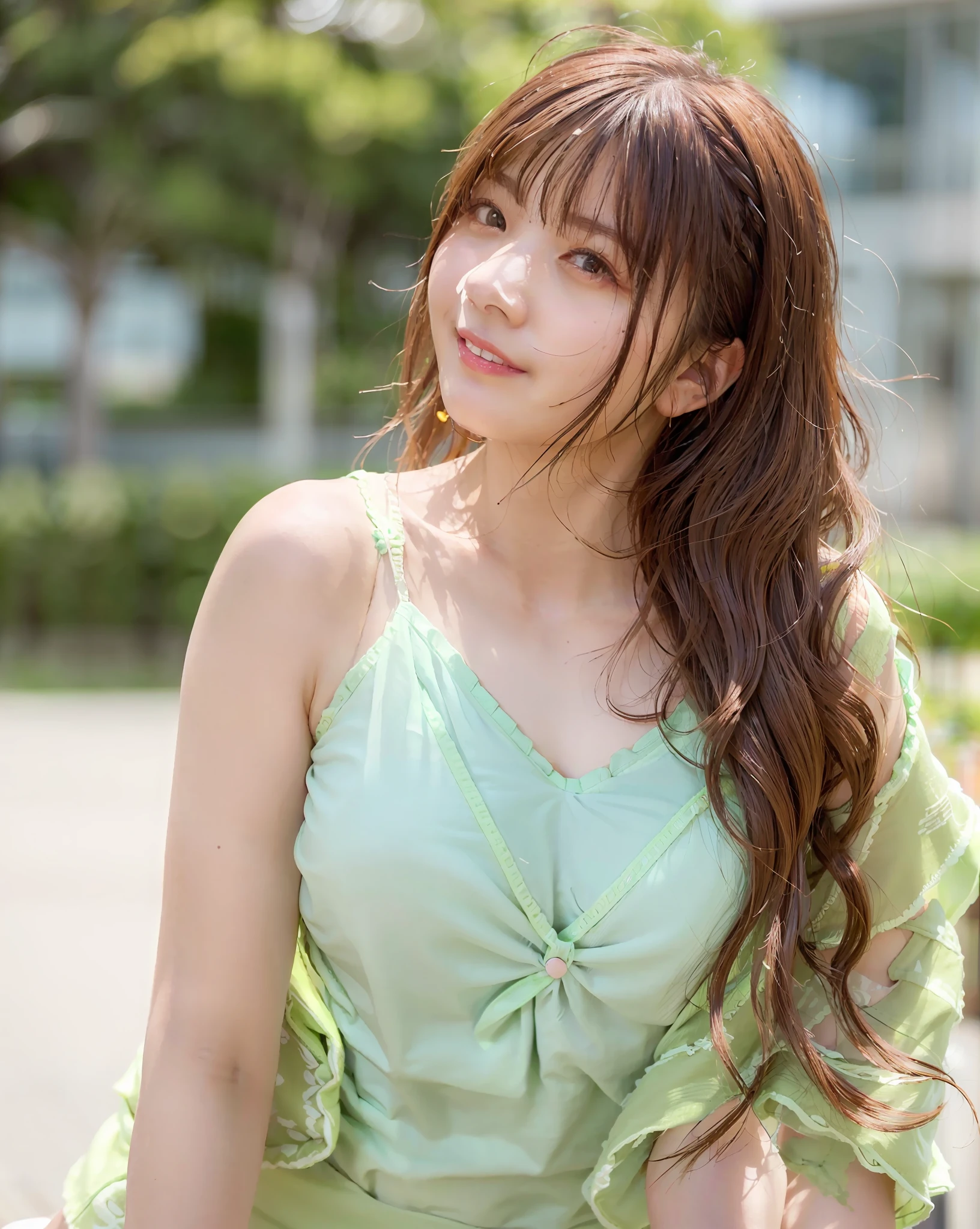 Top Quality, 1 Girl, (Skin Dentation), (Big), (Sun), Bright, Blurred Background, Outdoors, (Street:0.6), (People, Crowd:1), (Braided Bangs, Wavy Hair:1.5), (Camisole:1.8), (See-through Shirt:1.8), Gorgeous (Floating Hair:1.2), (Dynamic Pose:1.8), Soft Lighting, Wind, Garden
