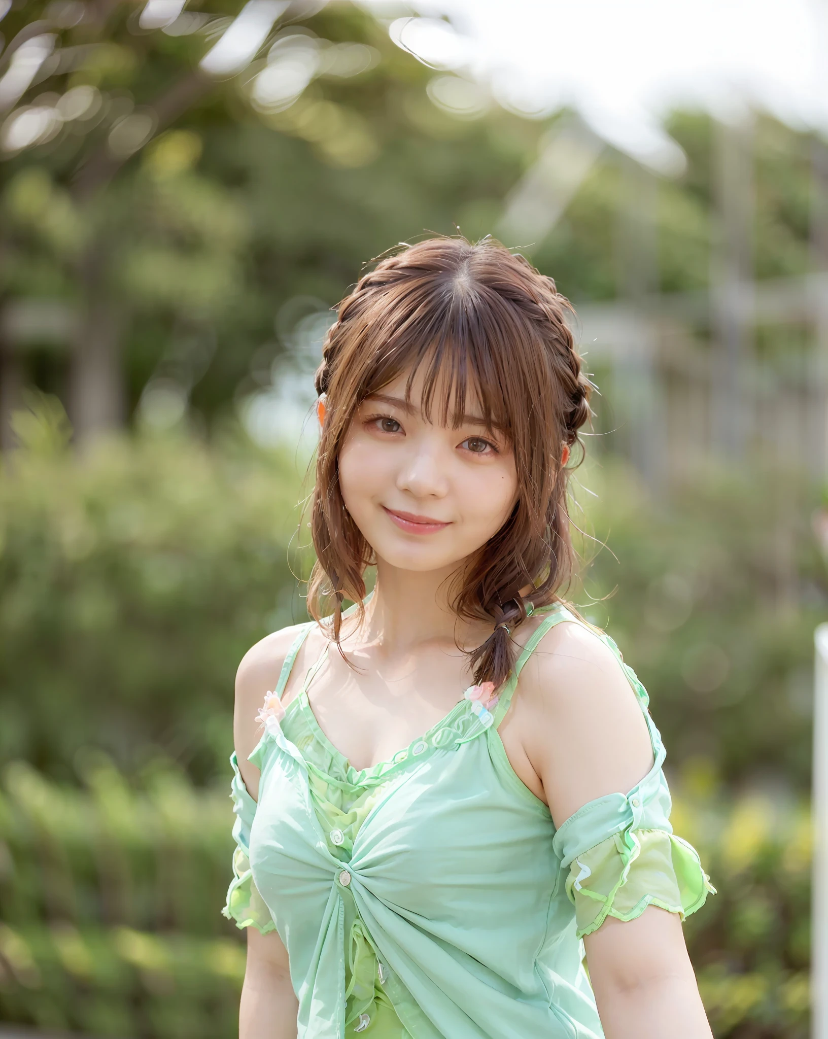 Top Quality, 1 Girl, (Skin Dentation), (Big), (Sun), Bright, Blurred Background, Outdoors, (Street:0.6), (People, Crowd:1), (Braided Bangs, Wavy Hair:1.5), (Camisole:1.8), (See-through Shirt:1.8), Gorgeous (Floating Hair:1.2), (Dynamic Pose:1.8), Soft Lighting, Wind, Garden