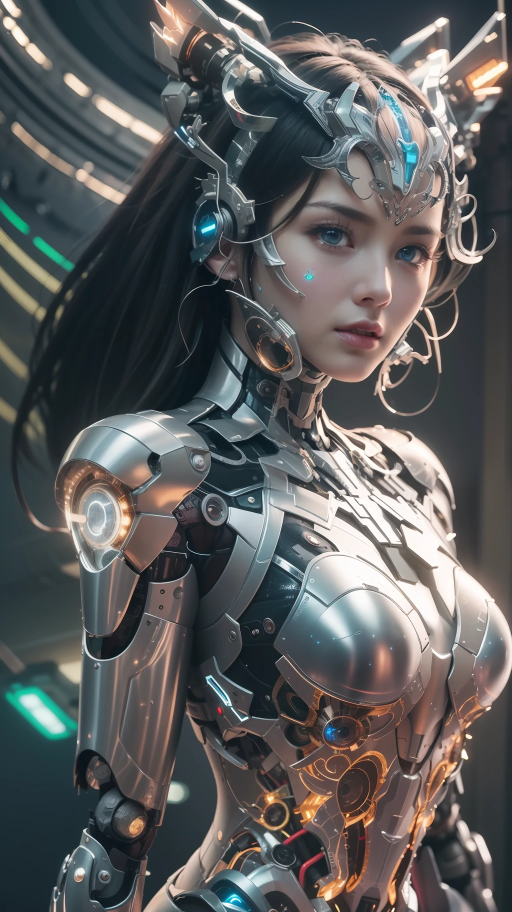 Masterpiece, best quality, super detailed, very detailed illustrations, very detailed, intricate details, high resolution, super complex details, very detailed 8k cg wallpaper, 50MM lens, caustics, reflections, ray tracing, nebulae, dark halos, network effects, (1girl:1.4), a beautiful cyberpunk nekomata catgirl, mecha, mechanical parts, robot joints, single mechanical arm, headgear, mechanical halo, star halo, electric mechanical bodysuit, mecha corset, kimono, full armor, very long hair, white hair, multicolored hair, blue eyes, glowing eyes, random expression, random action