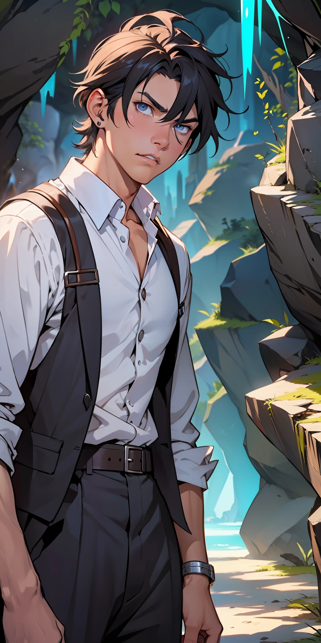 ((masterpiece)), ((manga)), ((Solo Leveling)), ((male character)), ((Sung Jinwoo)), ((guy)), ((man)), ((Effect in the eyes)), eyebrow, ((ear)), ((serious expression)), hair, ((clothing)), (arms), standing, ((background scenery)), ((inside the cave)) , ((details in the cave)), ((isekai world))