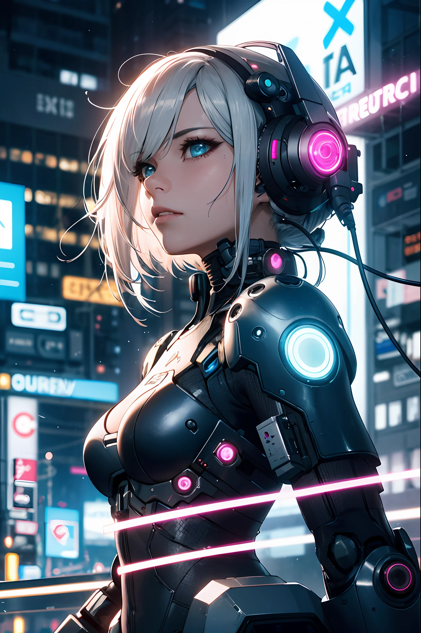 absurdres, highres, reflection, refraction:1.4, ultra detailed:1.4, (photorealistic:1.4, ultra high res, RAW photo), BREAK (cyberpunk:1.3), Android, robot_girl, silver hair, beautiful face with cool expression, In the dark decaying ruins, (super wide angle:1.2), shot from below BREAK ((neon lighting, vibrant glow, dynamic colors, striking contrast, futuristic vibe, electric energy, reflective surfaces))