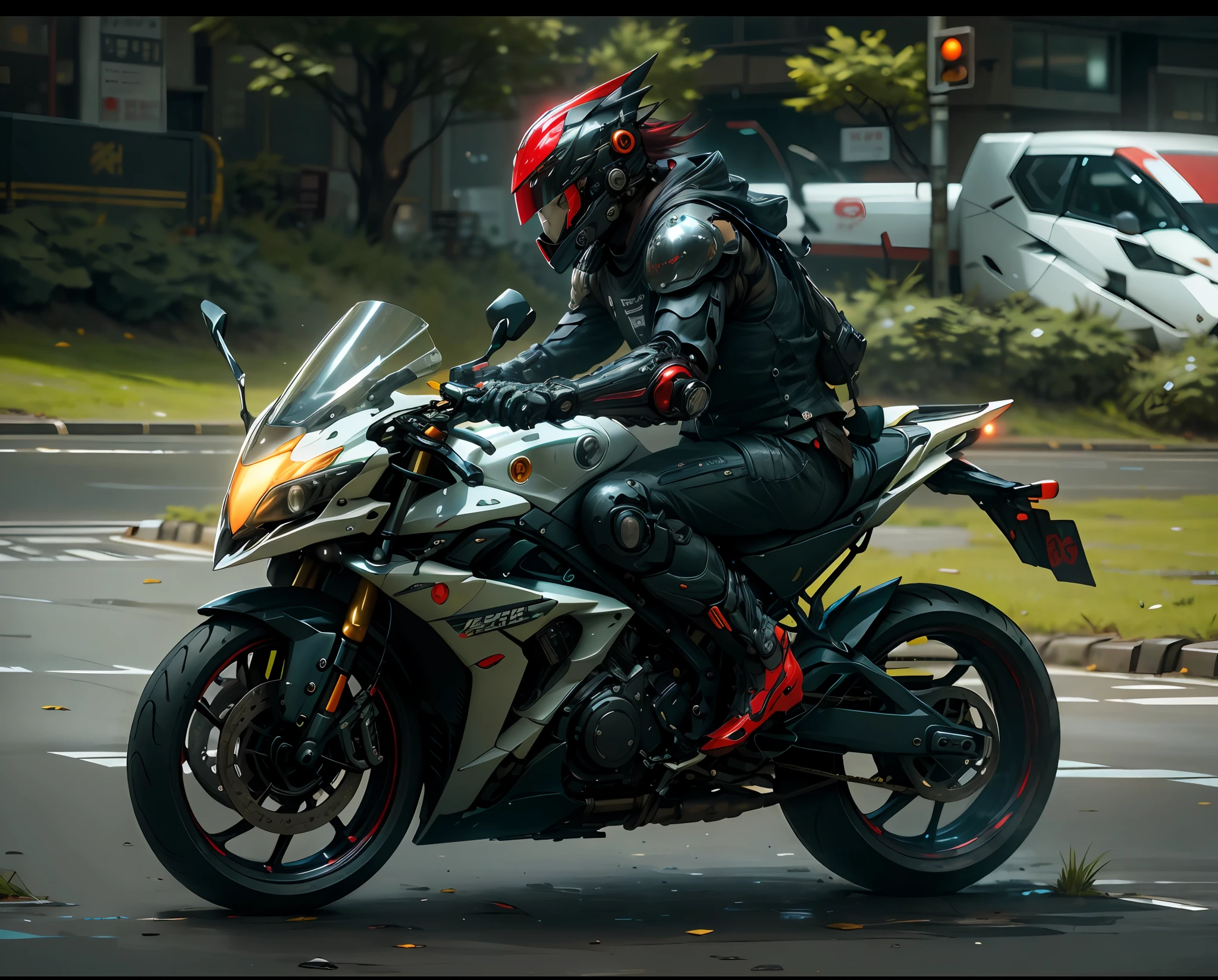 Man riding motorcycle on city street with grass and trees on background, colorful color, riding motorcycle, futuristic armor, cyberpunk, motorcycle, riding motorcycle, R6, motorcyclist, riding futuristic motorcycle, riding, riding motorcycle speeding, riding motorcycle on the street, helmet, Yoshimura exhaust, ((super detailed)), ((black and red helmet)), (detailed mech arms), ((realistic armor)),