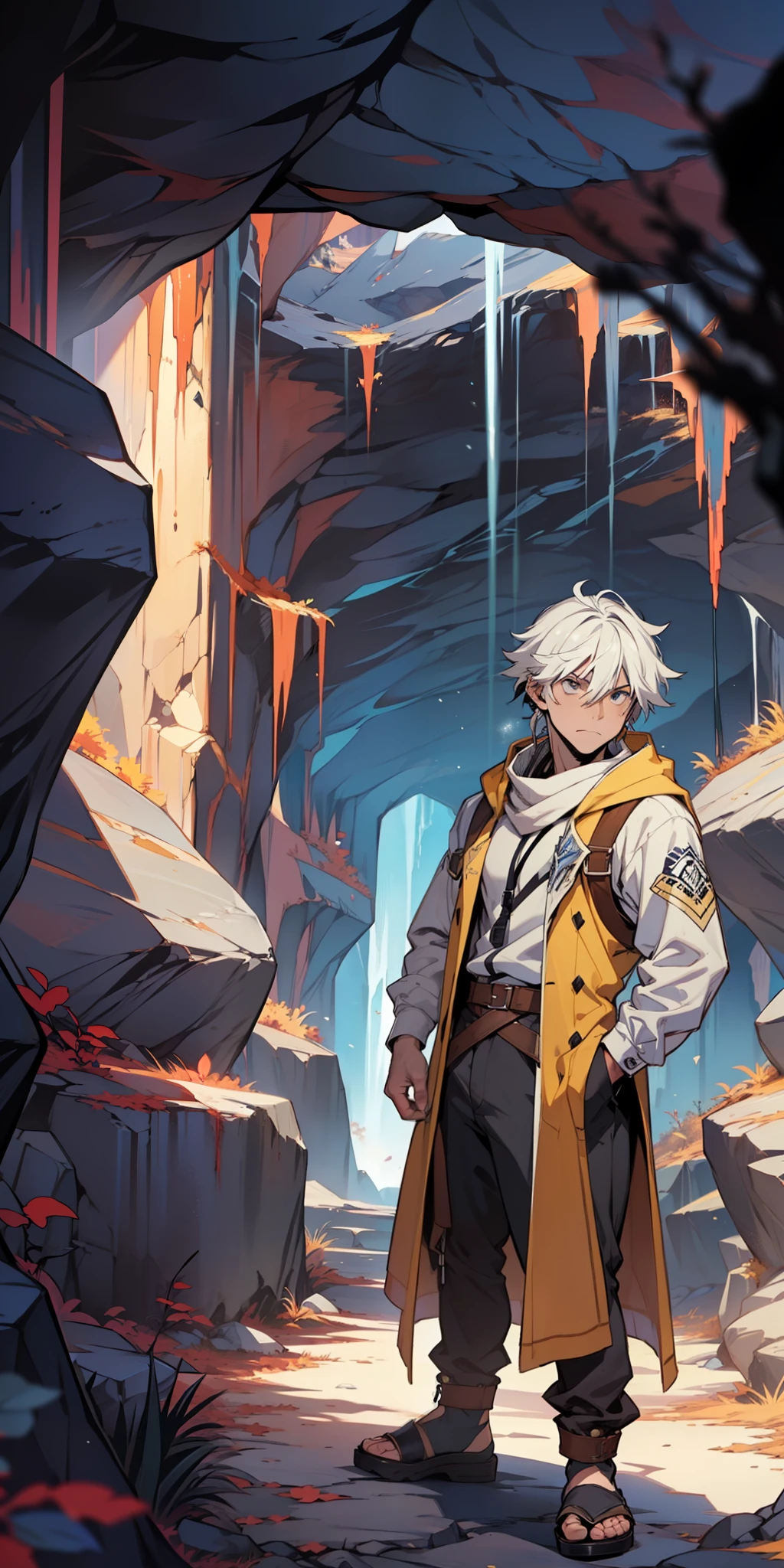 ((masterpiece)), ((manga)), ((Solo Leveling)), ((male character)), ((Sung Jinwoo)), ((guy)), ((man)), ((Effect in the eyes)), eyebrow, ((ear)), ((serious expression)), hair, ((clothing)), (arms), standing, ((background scenery)), ((inside the cave)) , ((details in the cave)), ((isekai world))