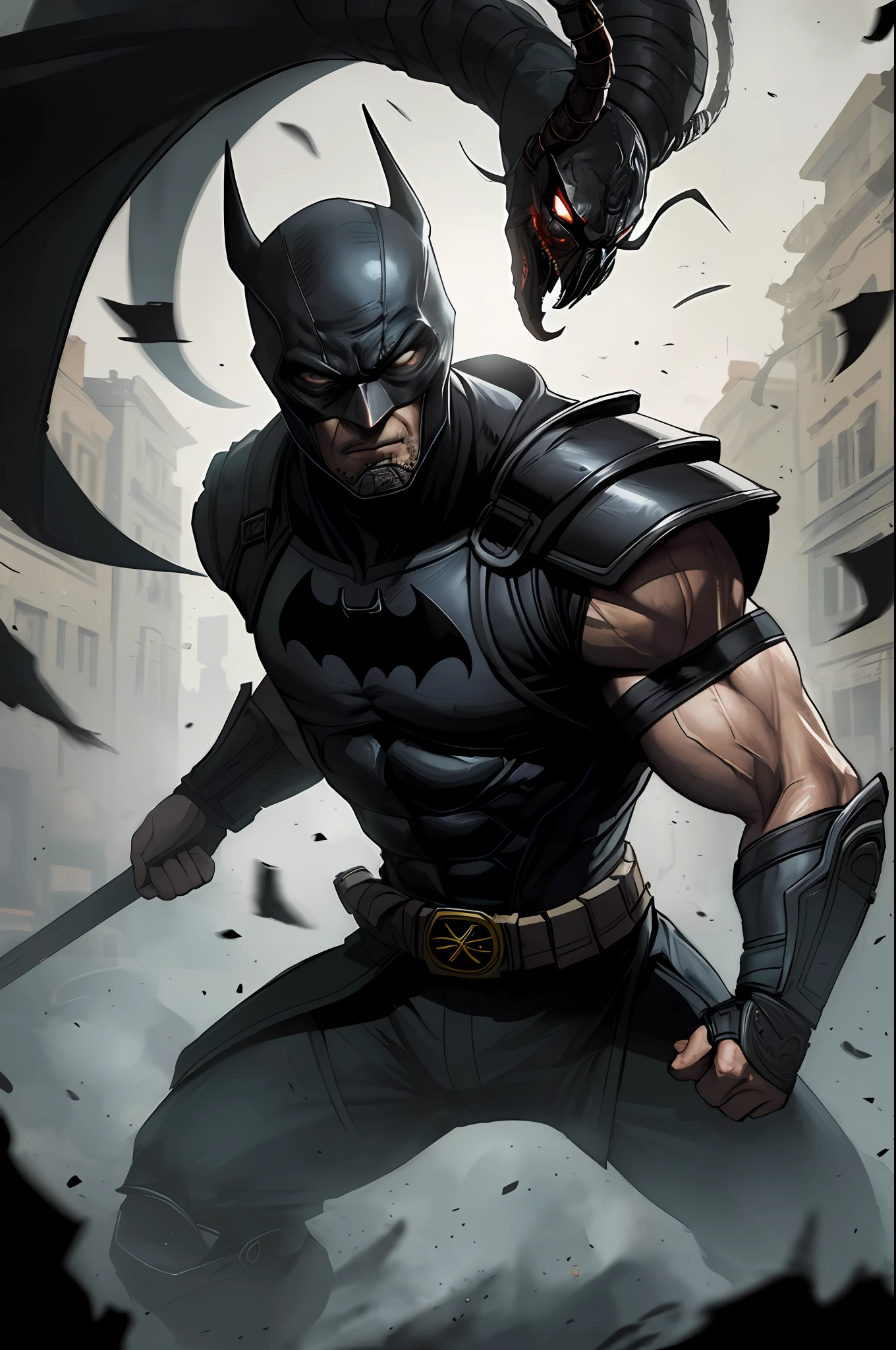 mortal kombat scorpion, detailed white eyes, bladk and gray armor, Batman mask, veins in his arm, intricate, high detail, sharp focus, dramatic and photorealistic painting art by greg rutkowski, action scene: fight from the game Mortal Kombat