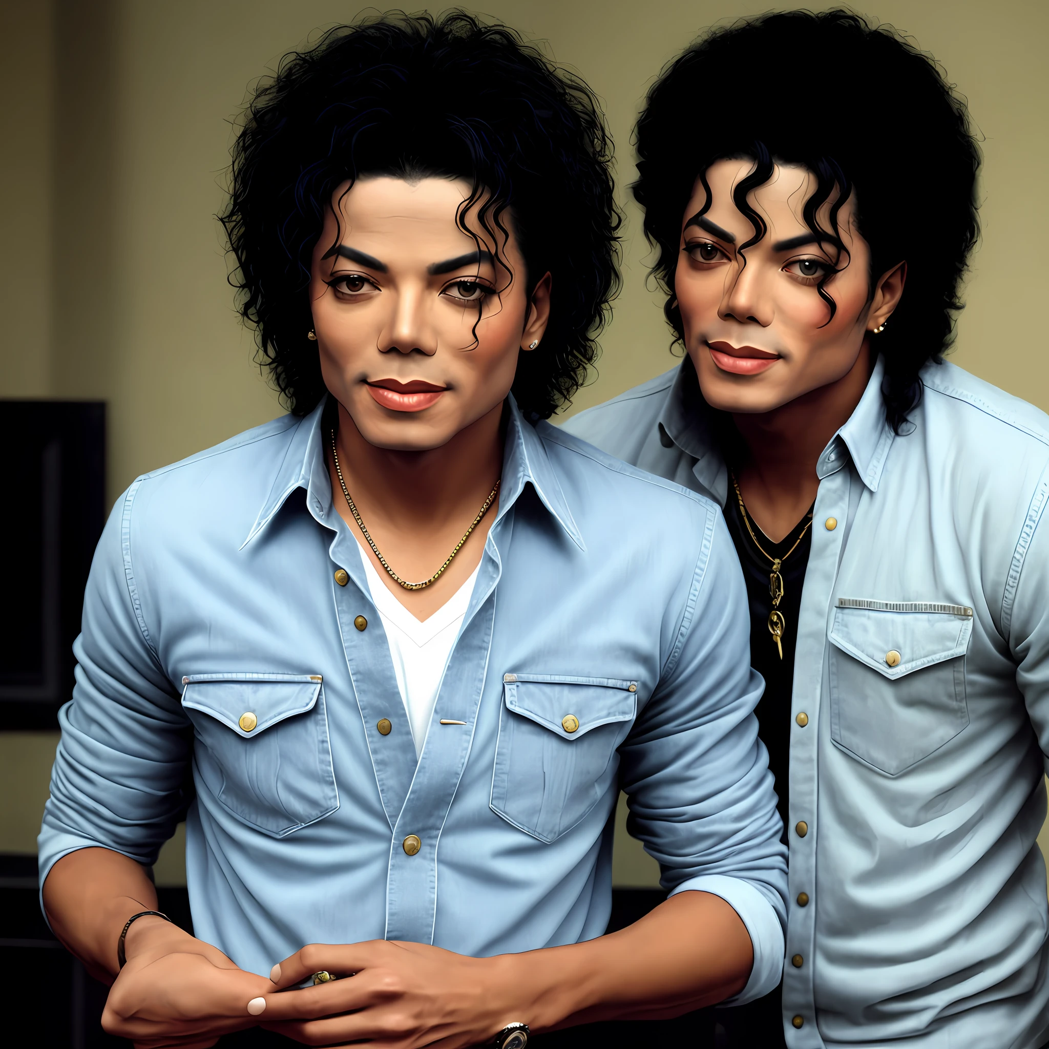 a man with black hair and blue shirts posing for a photo, michael_jackson, Michael Jackson, hyper realistic, "hyper realistic", portrait of Michael Jackson, beautiful!!!!!!!!!!, photorealistic", "super realistic", portrait of Michael Jackson, hyper-realistic", hyper-realistic", highly realistic, "fan art, photorealistic", photorealistic, "ultra realistic", moonwalker photo, thriller