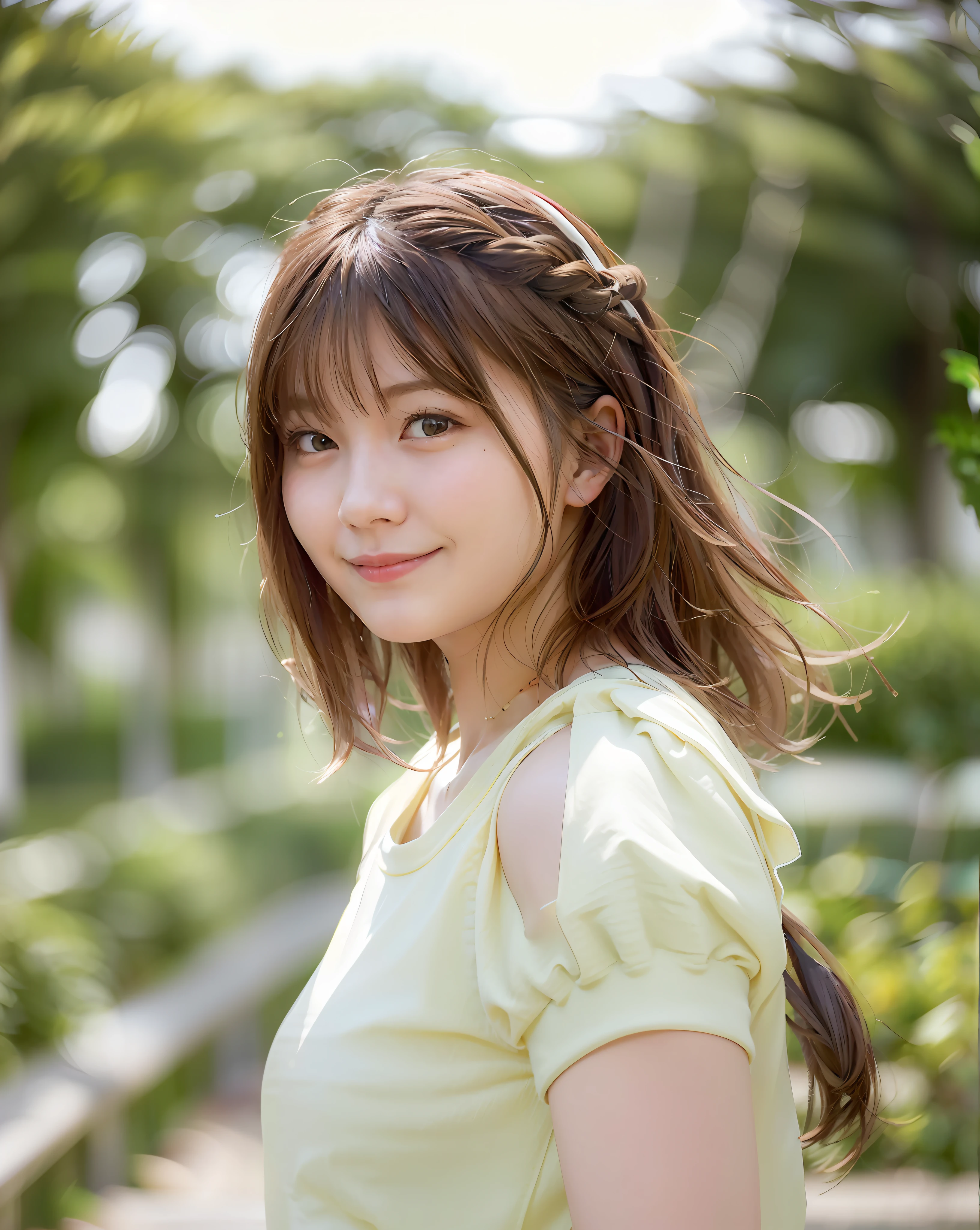 Top Quality, 1 Girl, (Skindentation), (Big), (Sun), Bright, Blurred Background, Outdoors, (Street: 0.6), (People, Crowd: 1), (Braided Bangs, Wavy Hair: 1.5), (White T-Shirt: 1.8), Gorgeous (Floating Hair: 1.5), (Dynamic Pose: 1.8), Soft lighting, Wind, Garden, Big