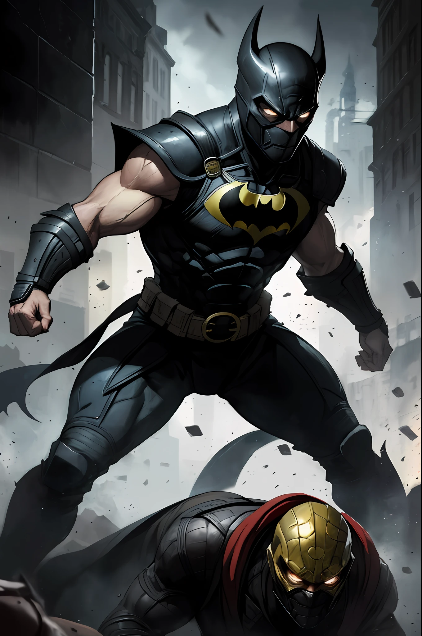 mortal kombat scorpion, detailed white eyes, bladk and gray armor, Batman mask, veins in his arm, intricate, high detail, sharp focus, dramatic and photorealistic painting art by greg rutkowski, action scene: fight from the game Mortal Kombat