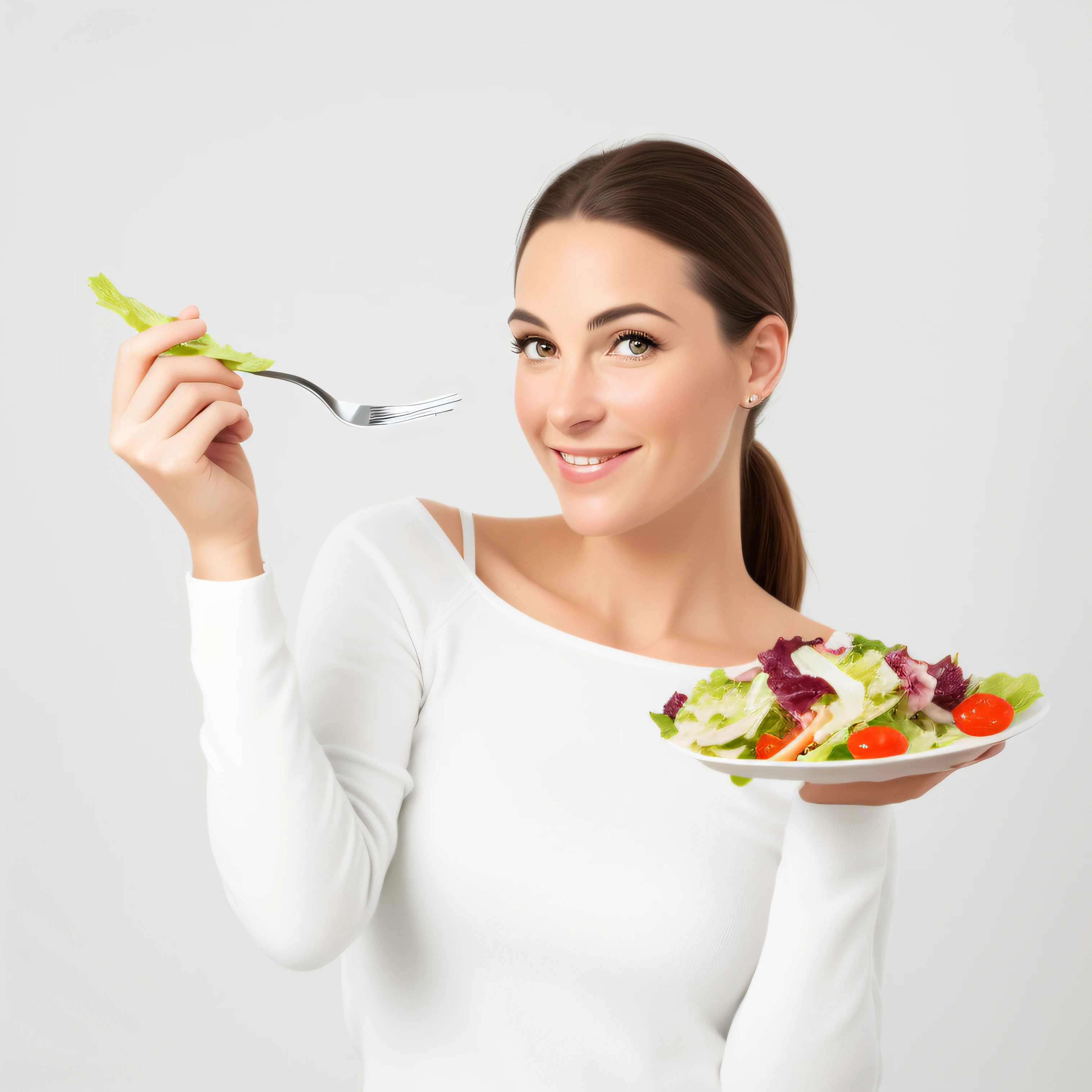 Great quality realistic photo of a happy woman holding a plate of lettuce and a fork in her hand