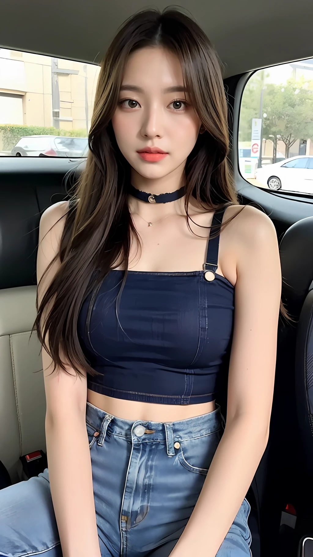 A beautiful girl about 20 years old, brown hair, delicate facial features, peerless beauty, wearing a pink and white French high-waisted top, wearing blue jeans, sitting in the car, full body photo