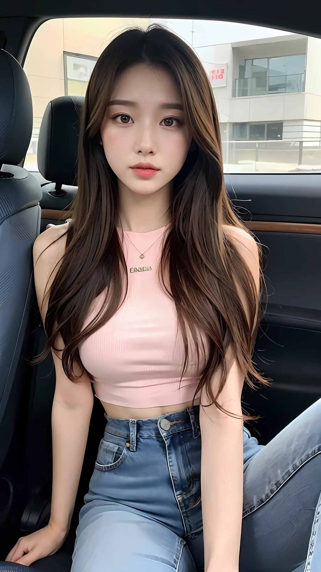 A beautiful girl about 20 years old, brown hair, delicate facial features, peerless beauty, wearing a pink and white French high-waisted top, wearing blue jeans, sitting in the car, full body photo