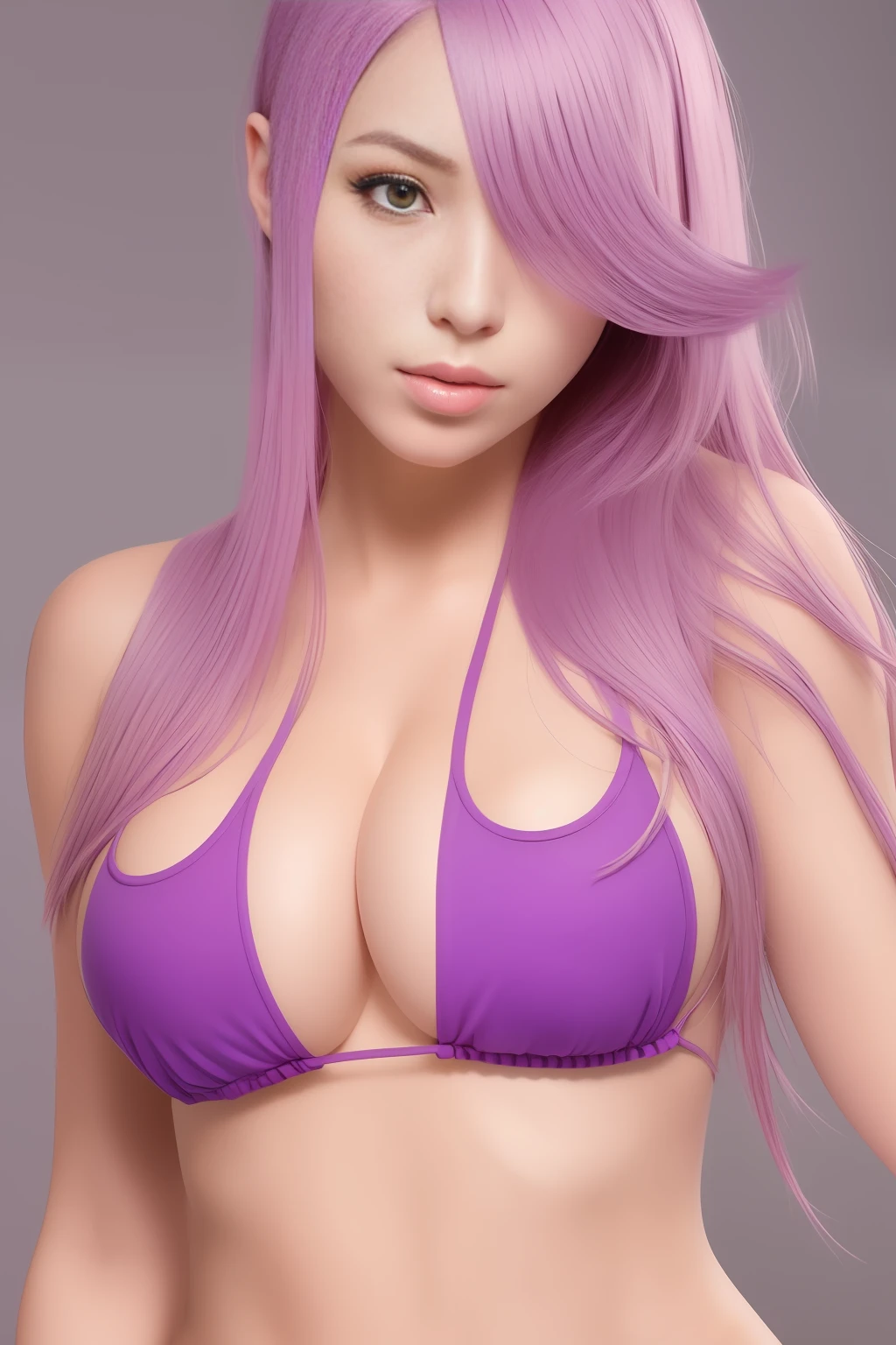 hot pink top, purple highlight hair, big breasts, micro bikini, complete body, standing elegant pose, full body view, transparent top