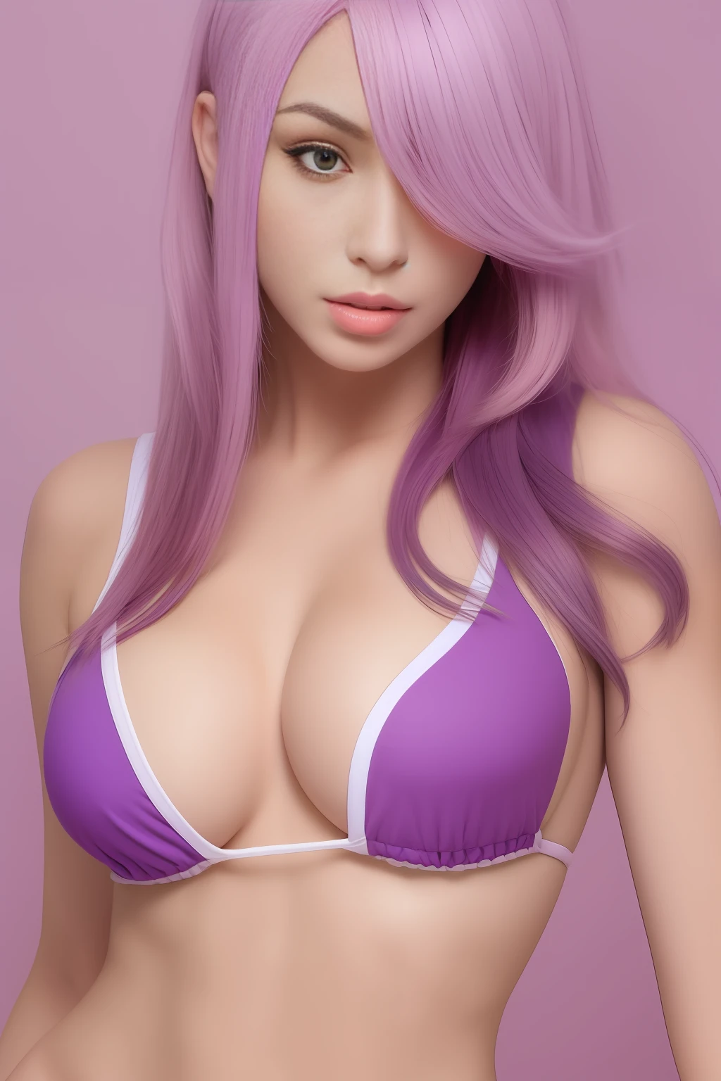 hot pink top, purple highlight hair, big breasts, micro bikini, complete body, standing elegant pose
