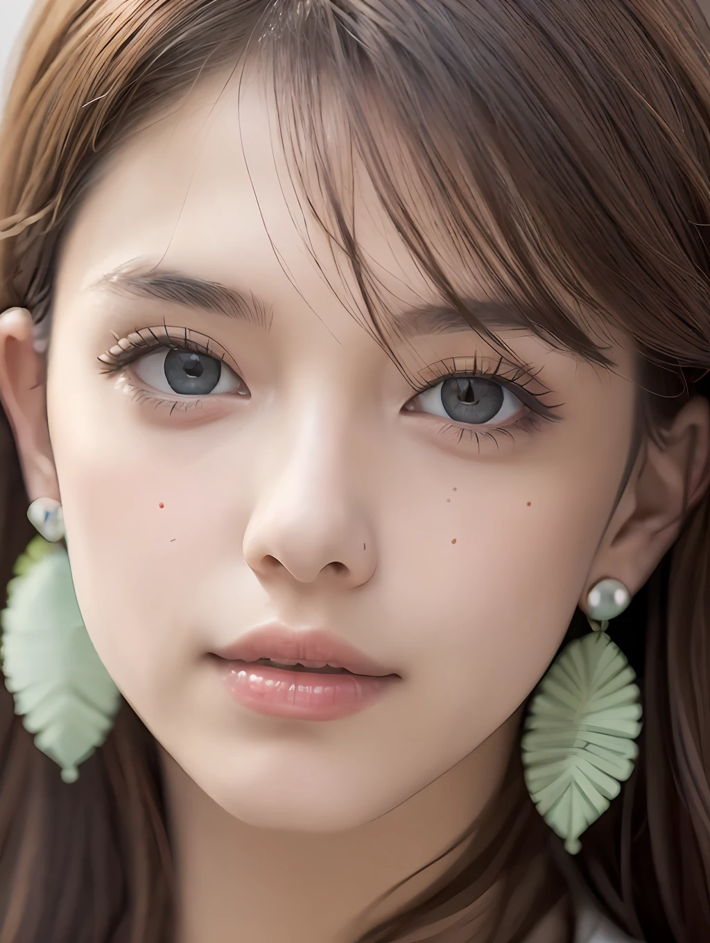 Close up portrait of beautiful woman, high detailed skin, pores, small mole under left eye, perfect face, perfect eyes, topaz green eyes, brown hair, neckleace,earings, hi-res photorealistic, masterpiece, best quality