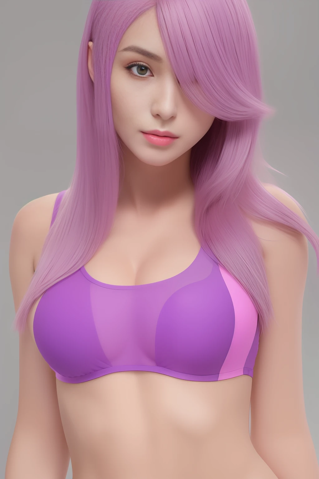 hot pink top, purple highlight hair, big breasts, micro bikini, complete body, standing elegant pose, see thru bra top, tiny pink transparent bikini top, full body shot