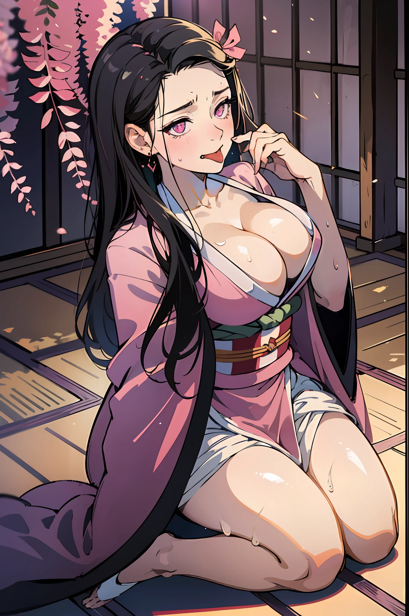 masterpiece, (pink kimono), seductive face, good lighting, décolleté, huge breasts, small details, masterpiece, glowing eyes, 1girl, black hair, gag , Nezuko Kamado, wisteria background, masterpiece, best quality, POV, whole body, wide hips, kneeling, tongue out, wet , shy , sweating, sexy