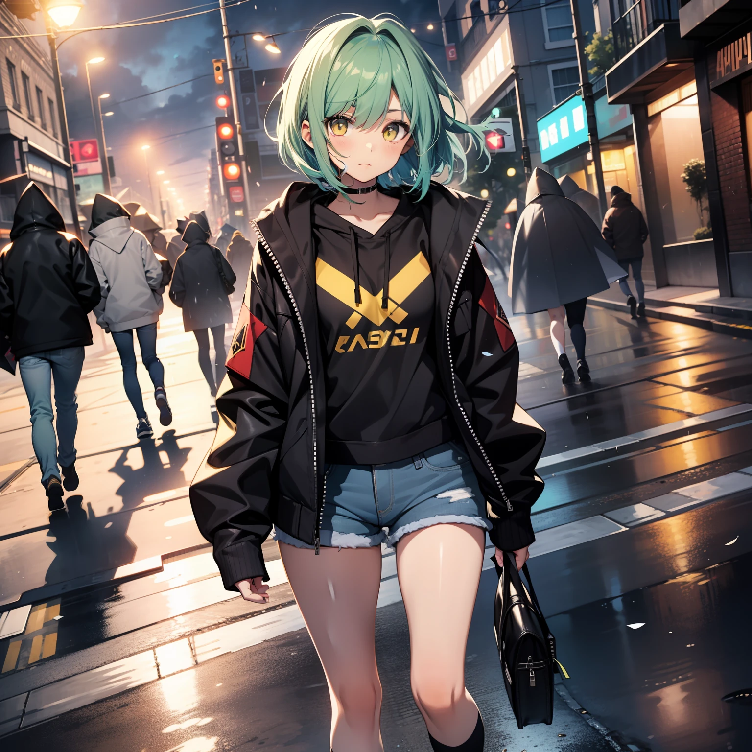 18 year old girl, short hair, blue-green hair, yellow eyes, black curo jacket, jean shorts, on a London sidewalk, cloudy weather, light rain, Highlights, 4K, good anatomy, long black socks, masterpiece