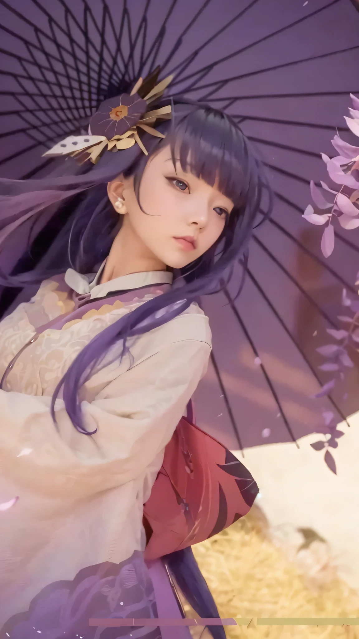 Girl with purple umbrella and purple dress in the wind, Hinata, real world, highres, high details, masterpiece, textured skin, 4K