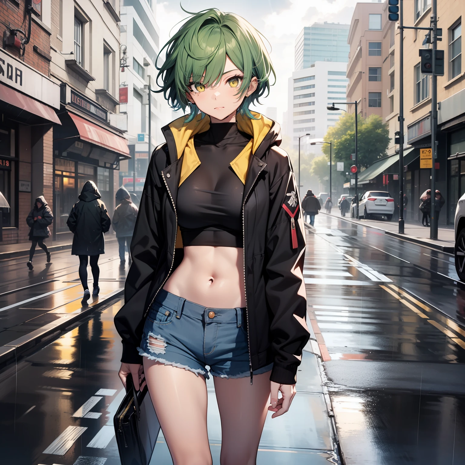 18 year old girl, short hair, blue-green hair, yellow eyes, black curo jacket, jean shorts, on a London street, cloudy weather, light rain, highlights, 4k, good anatomy, long black socks, masterpiece