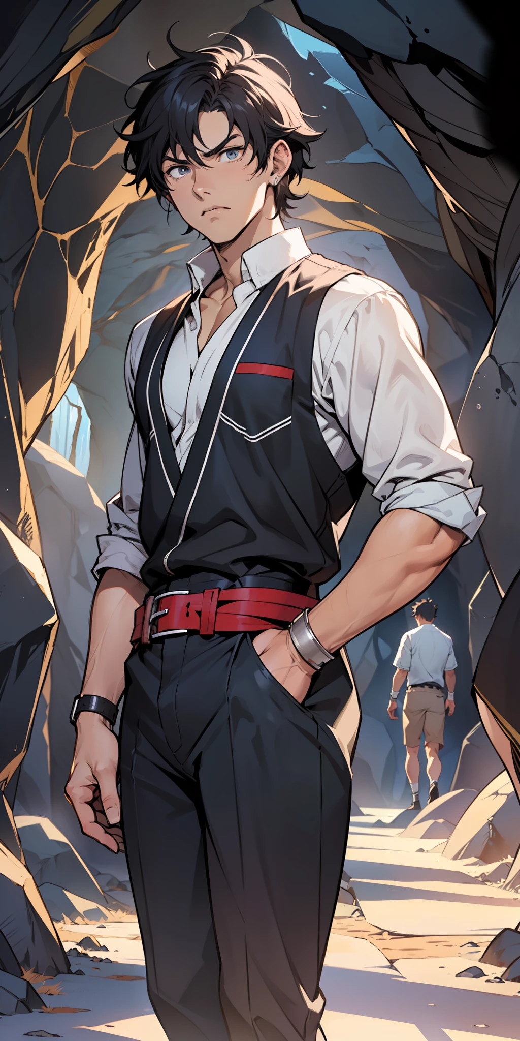 ((masterpiece)), ((manga)), ((Solo Leveling)), ((male character)), ((modern style)), ((guy)), ((male)), ((Effect in the eyes)), eyebrow, ((ear)), ((serious expression)), short messy hair, ((detailed outfit)), (arms), (legs), standing, ((background scenery)), ((inside the cave)), ((details in the cave)), ((isekai world))