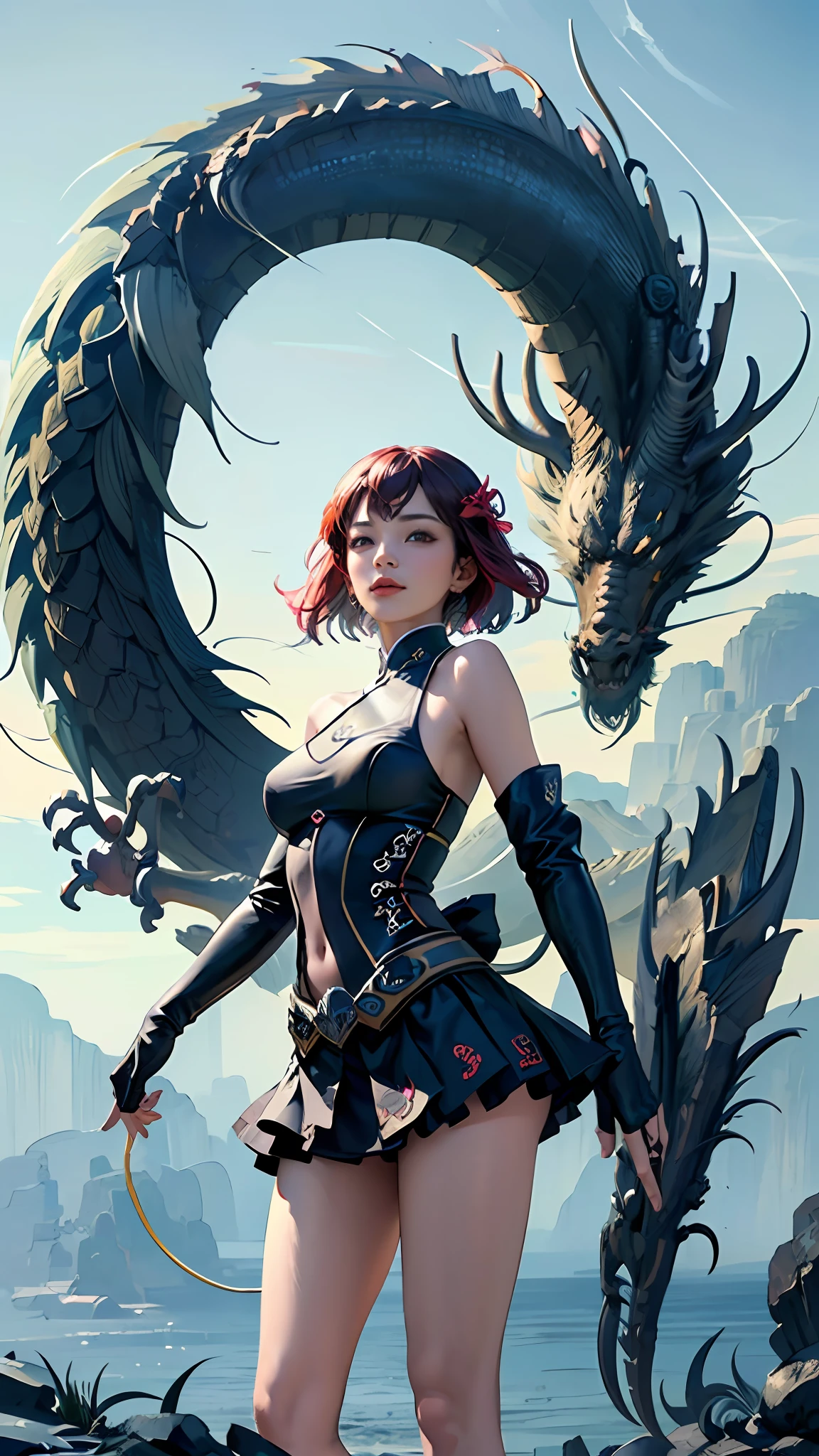 (8k, RAW photo, best quality, ultra detailed CG unity 8k wallpaper,masterpiece:1.2), a girl, 3d, ultra beautiful detailed eyes, Precise iris depiction,ultra-detailed face,
Official Art, Unified 8K wallpaper, Ultra detailed, Beautiful and aesthetic, Masterpiece, Best Quality, (Zentangle, Tangled, Intertwined), (Fractal Art: 1.4), 1girl, Black hair, Chinese, Bare shoulders, Short skirt, Calf, Navel, Very detailed, Dynamic Angle, Cowboy shot, (Chaos of the most beautiful form), Flowing, (bright colors), OC, (Half: 1.2), China, (Tunka Flying Sky: 1.5), (Ribbon: 1.3), (Dream: 1.5), (Han Feng: 1.5), Chinese Dragon, Chinese Phoenix, (Smile: 0.5), (Chinese God), Ultra-Detailed Beautiful background drawn by Professional Illustrator