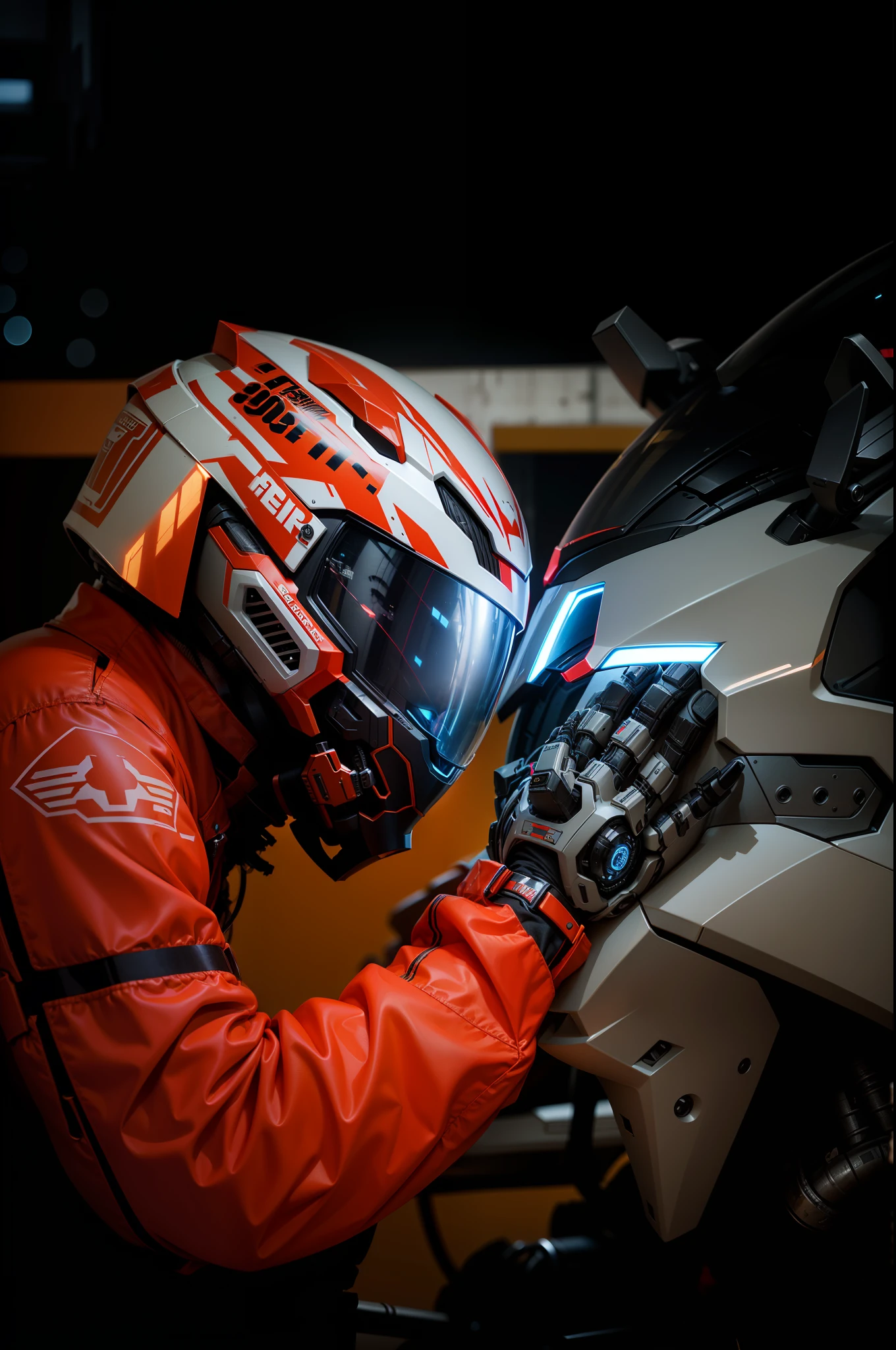 Handsome full body red mech white short hair cyber handsome warrior, white cyber mechanical motorcycle, high-tech black full surround helmet, white short hair, Nousr, biomechanics, MSHN robot man, high-tech helmet, surreal, steel, intricate design, crazy details, fine details, extremely clear lines, cinematic lighting, photo realism, detailed masterpiece