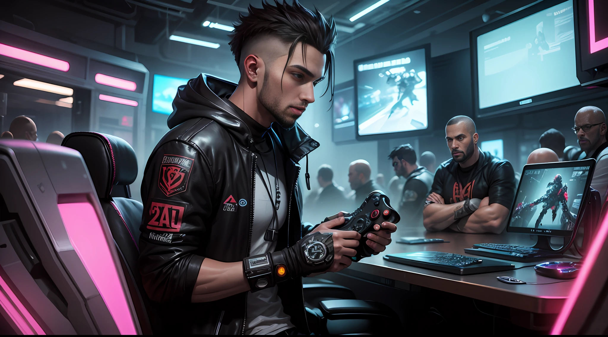 20 players, all men, with video game controllers in their hands, cyberpunk atmosphere --auto