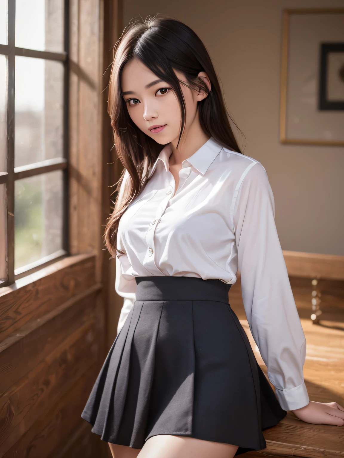 Masterpiece, top quality, official art, highly detailed CG Unity 8K wallpaper, like a girl, very delicate and beautiful, ultra high resolution, (photorealistic: 1.4), golden hour lighting, (upper body), (platinum shorthair: 0.8), (puffy eyes), looking at the viewer, facing the front, smiling, JK skirt, white dress, Shirt Lift Long Black Hair