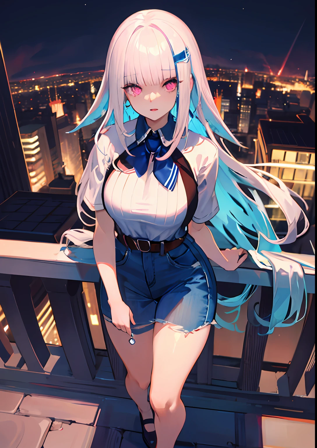 ((Midnight, Best Quality, 8k, Masterpiece: 1.3)), Full Body, Long Legs, Sharp Focus: 1.2, Pretty Women with Perfect Figure: 1.4, Slender Abs: 1.1, ((Big: 1.2)), (White Tight T-Shirt, Jean Bib, Standing:1.2), ((Night City View, Rooftop: 1.3)), Highly Detailed Face and Skin Texture, Detailed Eyes, Double Eyelids, Long Hair, Pink Eyes