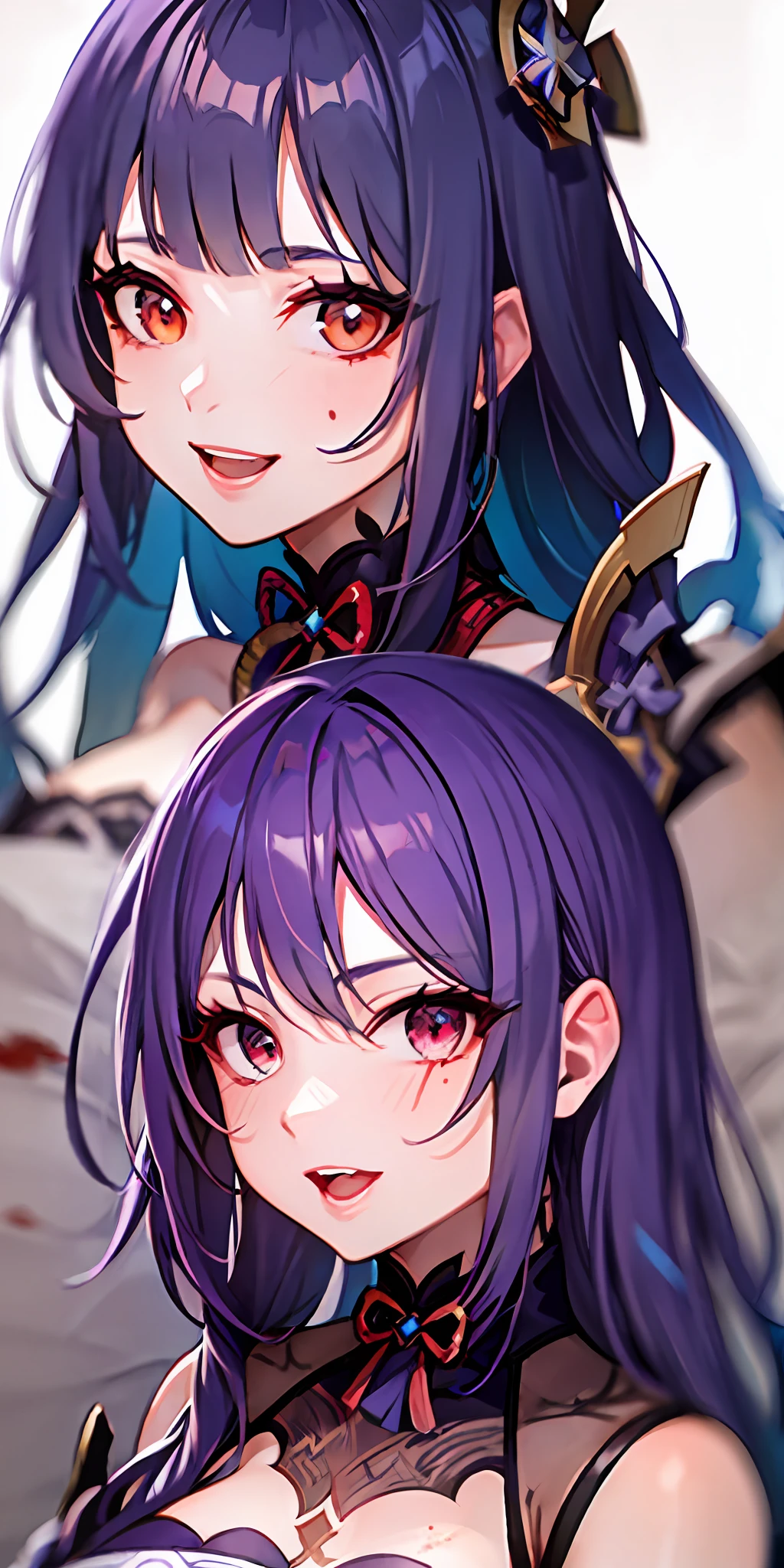 Woman,Raiden shogun of genshin impact,vampire teeth,purple hair, red eyes, and blood on face