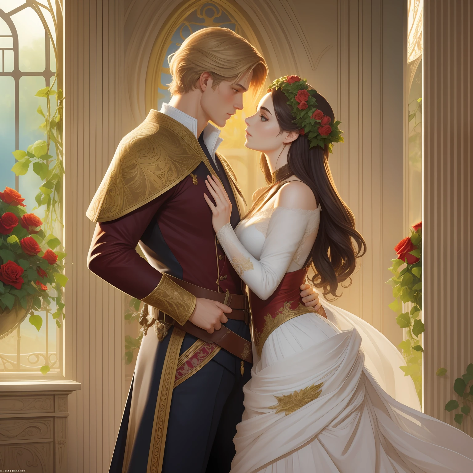 Couple kisses a house and a woman with much affection, the man Neels Visser is a prince who has golden blonde hair, wears a medieval military outfit and is in love with the commoner woman Lily Collins, who has dark curly black hair and wears a red dress, illustration of a novel book cover with a detail, smooth, shiny background full of ivy-covered flowers and red roses, castle, ornate dress standing on a bed of roses, edge light, dynamic lighting, ethereal lighting, ultra detail, concept art, elegant, surreal, art by Lisa Aisato, Greg Hildebrandt, Citemer Liu, Stjepan Sejic, Samyang, Aykut Aydogdu, Justin Gerard, Alphonse Mucha, Artgerm, WLOP and Greg Rutkowski