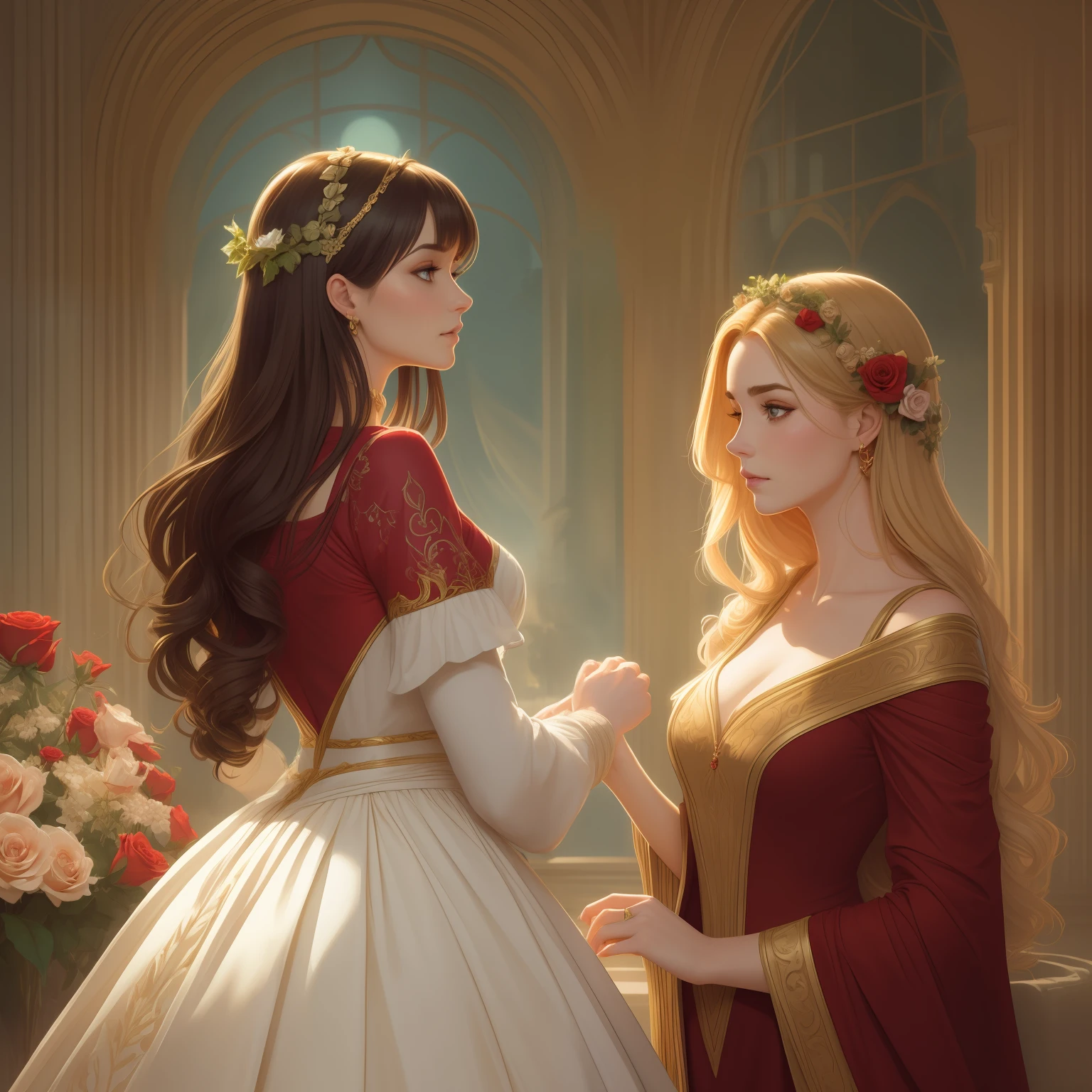 Couple kisses a house and a woman with much affection, the man Neels Visser is a prince who has golden blonde hair, wears a medieval military outfit and is in love with the commoner woman Lily Collins, who has dark curly black hair and wears a red dress, illustration of a novel book cover with a detail,  smooth, shiny background full of ivy-covered flowers and red roses, castle, ornate dress standing on a bed of roses, edge light, dynamic lighting, ethereal lighting, ultra detail, concept art, elegant, surreal, art by Lisa Aisato, Greg Hildebrandt, Citemer Liu, Stjepan Sejic, Samyang, Aykut Aydogdu, Justin Gerard, Alphonse Mucha, Artgerm, WLOP and Greg Rutkowski