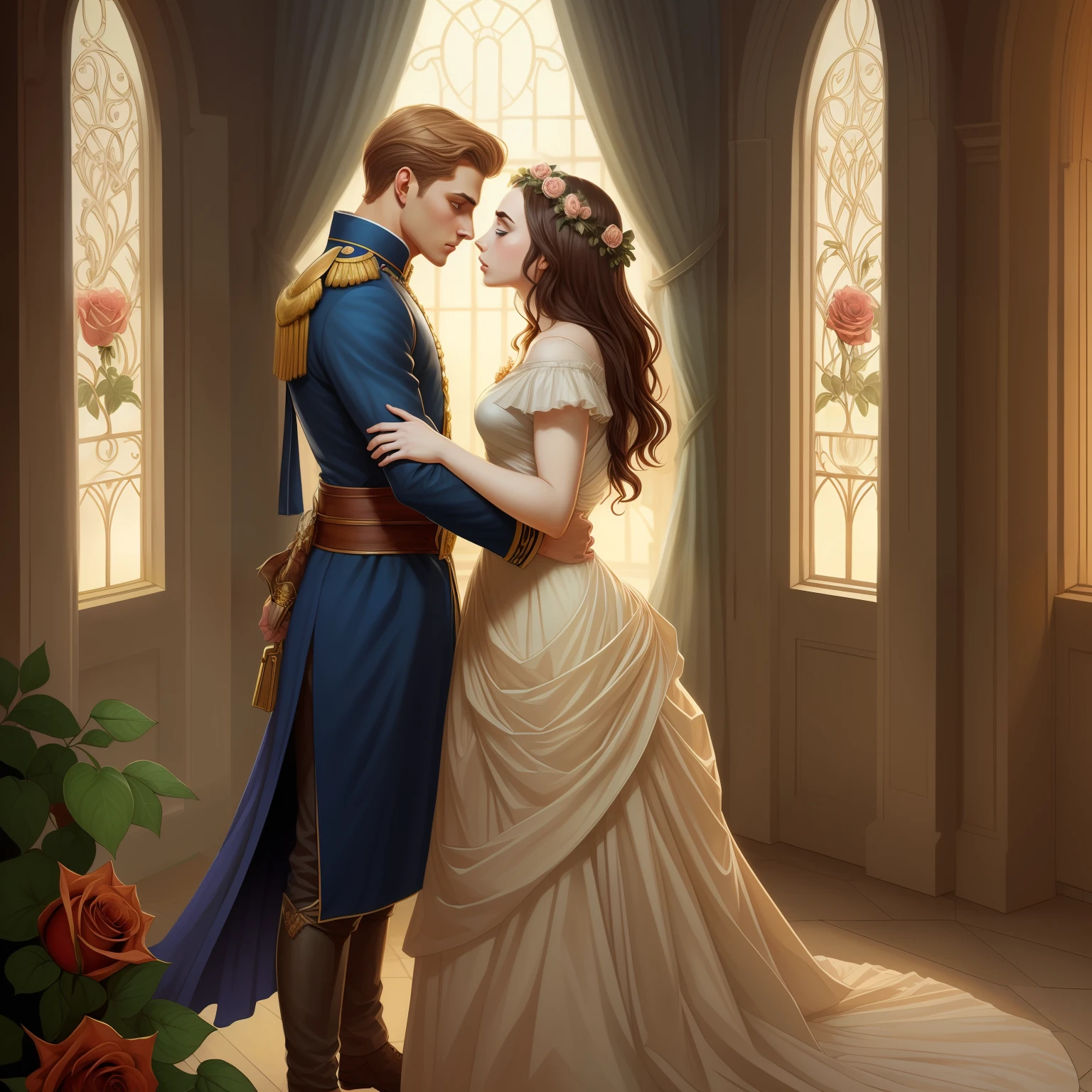 Couple kisses a house and a woman with much affection, the man Neels Visser is a prince who has golden blonde hair, wears a medieval military outfit and is in love with the commoner woman Lily Collins, who has dark curly black hair and wears a red dress, illustration of a novel book cover with a detail, smooth, shiny background full of ivy-covered flowers and red roses, castle, ornate dress standing on a bed of roses, edge light, dynamic lighting, ethereal lighting, ultra detail, concept art, elegant, surreal, art by Lisa Aisato, Greg Hildebrandt, Citemer Liu, Stjepan Sejic, Samyang, Aykut Aydogdu, Justin Gerard, Alphonse Mucha, Artgerm, WLOP and Greg Rutkowski