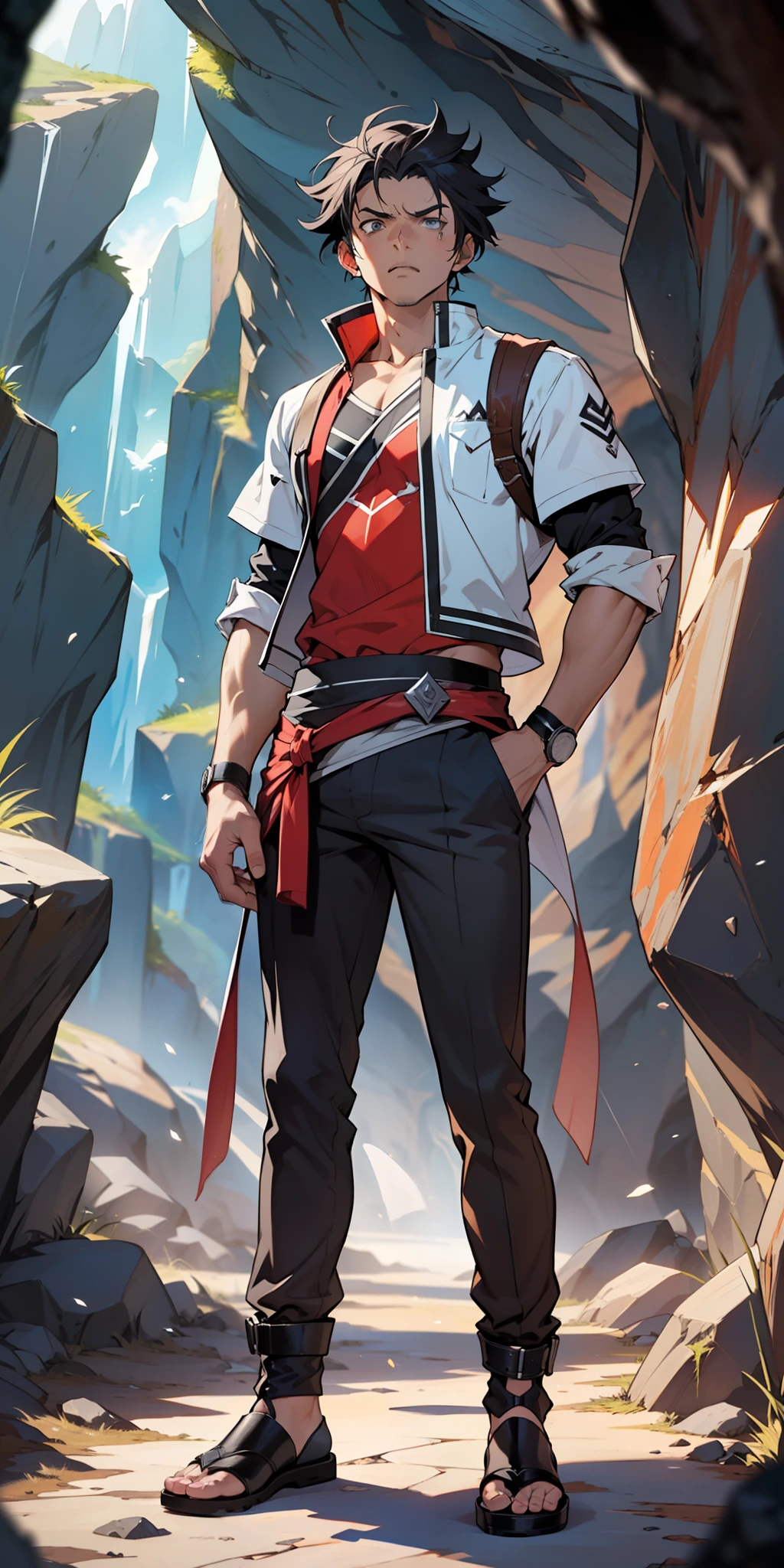 ((masterpiece)), ((manga)), ((Solo Leveling)), ((male character)), ((modern style)), ((guy)), ((male)), ((Effect in the eyes)), eyebrow, ((ear)), ((serious expression)), short messy hair, ((detailed outfit)), (arms), (legs), standing, ((background scenery)), ((inside the cave)), ((details in the cave)), ((isekai world))