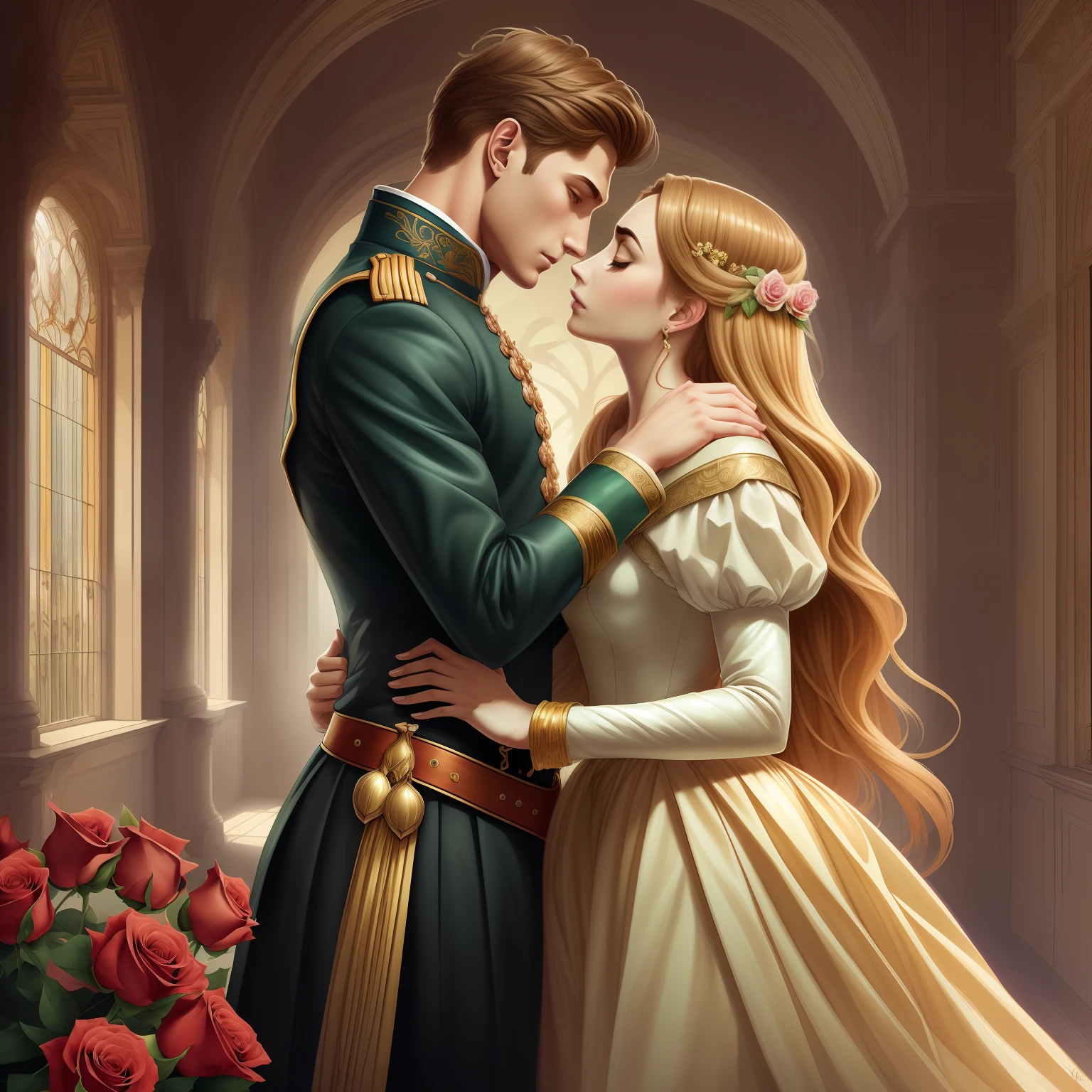 Couple kisses a house and a woman with much affection, the man Neels Visser is a prince who has golden blonde hair, wears a medieval military outfit and is in love with the commoner woman Lily Collins, who has dark curly black hair and wears a red dress, illustration of a novel book cover with a detail,  smooth, shiny background full of ivy-covered flowers and red roses, castle, ornate dress standing on a bed of roses, edge light, dynamic lighting, ethereal lighting, ultra detail, concept art, elegant, surreal, art by Lisa Aisato, Greg Hildebrandt, Citemer Liu, Stjepan Sejic, Samyang, Aykut Aydogdu, Justin Gerard, Alphonse Mucha, Artgerm, WLOP and Greg Rutkowski