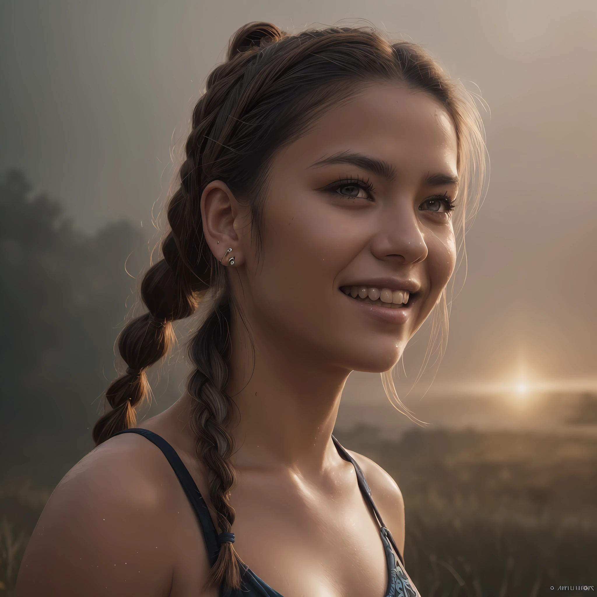 a portrait photo, native, indigenous, tribal, natural skin texture, 24mm, 4k textures, dirty skin, soft cinematic light, adobe lightroom, photolab, smiling, bandana, rain detailed, braided detailed pigtails, tattoos, masterpiece, (beautiful light brown eyes detailed: 1.1), best quality, illustration, (detailed lighting: 1.2), (beautiful detailed brightness: 1.3), small swimwear, deep neckline, intricate, digital painting, smooth and sharp focus, End of the World, Epic Realistic, (HDR:1.4), (Muted Colors:1.4), Neutral Colors, Night, Refractions of Screen Space, (Intricate Details, Hyperdetailed:1.3), Cinematic Photo, Vignette, Medieval Castle Background, Dark Colors, Vampire Hunter